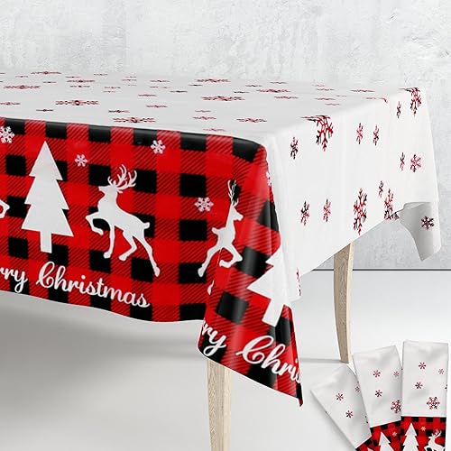 Miniatura 8 de KatchOn, Mantel navideño de reno a cuadros, paquete de 3, 108 x 54 pulgadas, mantel de plástico navideño para mesas, manteles de vinilo de Navidad
