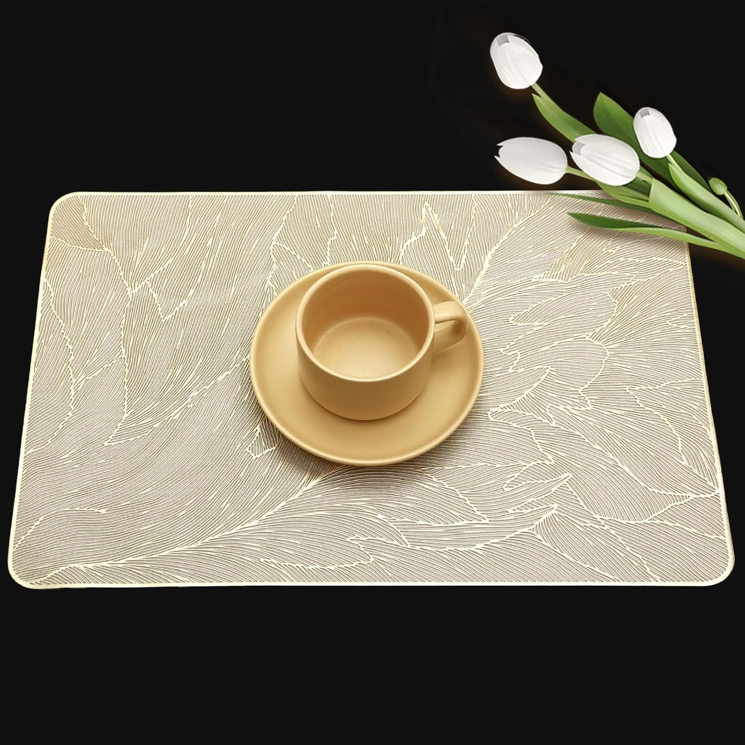 FAVE Golden Placemats Set of 8 Gold Floral Round Placemats, Reusable Vinyl Table Mats for Wedding Banquet Party, Metallic Shiny Placemats for Restaurant & Birthday Decor (Golden Peony, 8PCS)