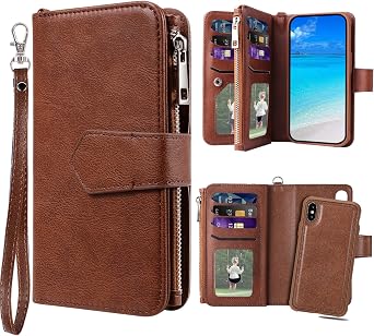 Case for iPhone X/iPhone Xs, 2 in 1 Magnetic Detachable Shockproof Case, Flip Folio PU Leather Cover with Card Slot for iPhone X/iPhone Xs, Brown