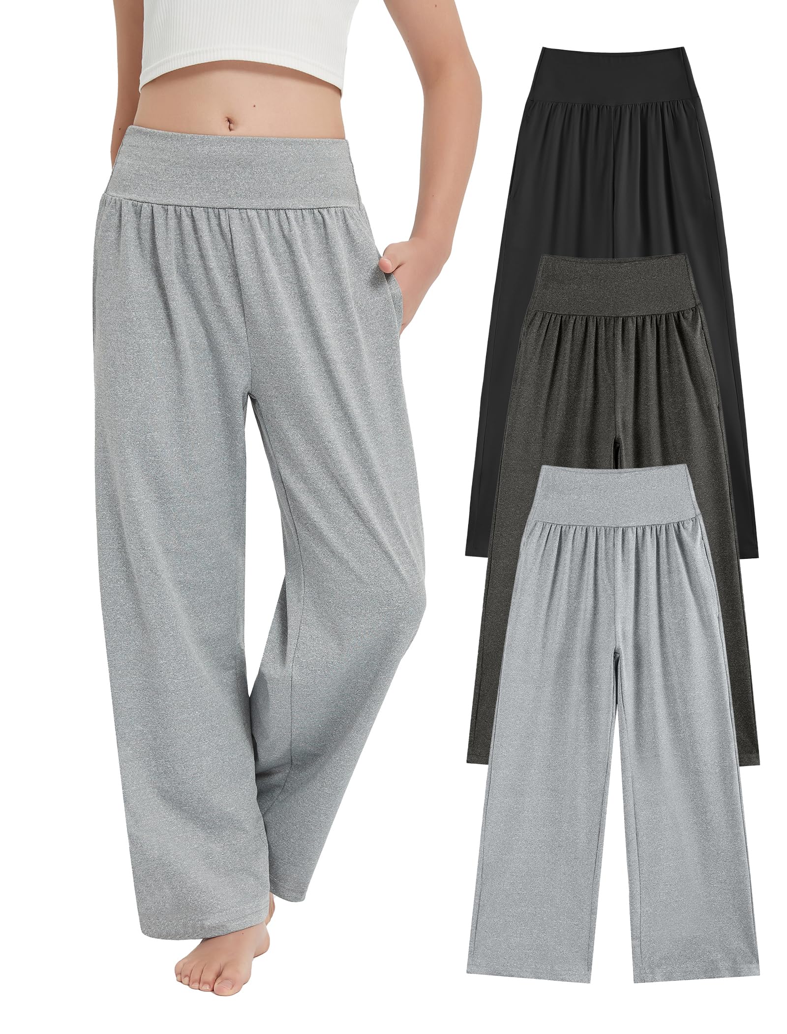 EXARUS 3 Pack Girls Wide Leg Pants Baggy/Tapered Flowy Loose Teens Elastic Waist Yoga Sweatpants Pockets Youth 6-14Y