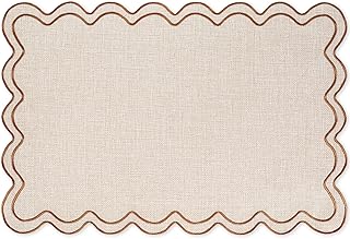 Whaline Beige Linen Placemats Embroidered Scalloped Kitchen Place Mats for Birthday Baby Shower Party Home Dining Table Decor, Set of 6, 13 x 19 in