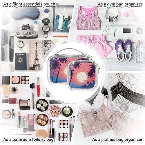 Miniatura 7 de 21215350 Bolsa de aseo transparente con diseño de palmeras y amanecer tropicales para viajes, paquete de 2 bolsas de cosméticos de maquillaje con