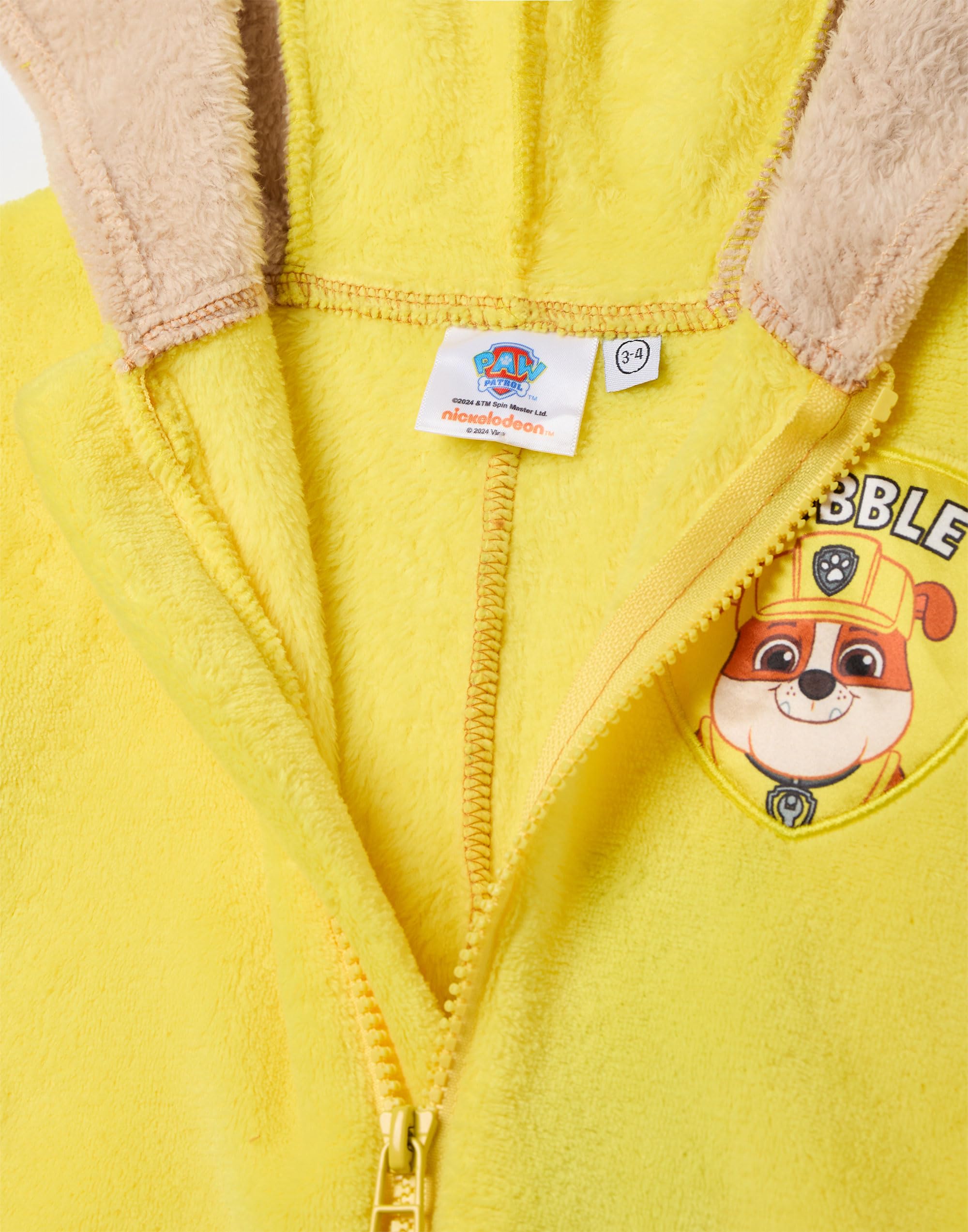 Paw Patrol Rubble Grenouillère pour Garçons & Filles | Pyjama Tout-en-Un pour Enfants en Marron & Jaune | Combinaison de Nuit Unisexe avec Capuche Brodée et Oreilles 3D