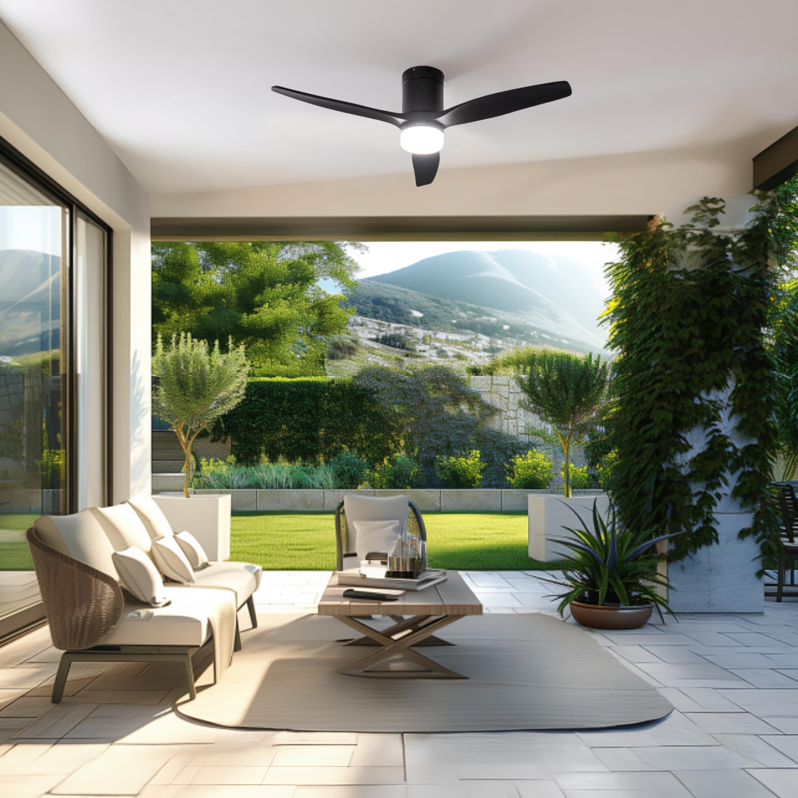 Cecotec Ventilatore da Soffitto con Luce EnergySilence Aero 5600 Aqua Black&Black Connected. 40 W, LED 18 W, Diametro 132 cm, Wi-Fi, Telecomando, Protezione IP44, Timer 8 Ore, 3 Pale, 6 Velocità