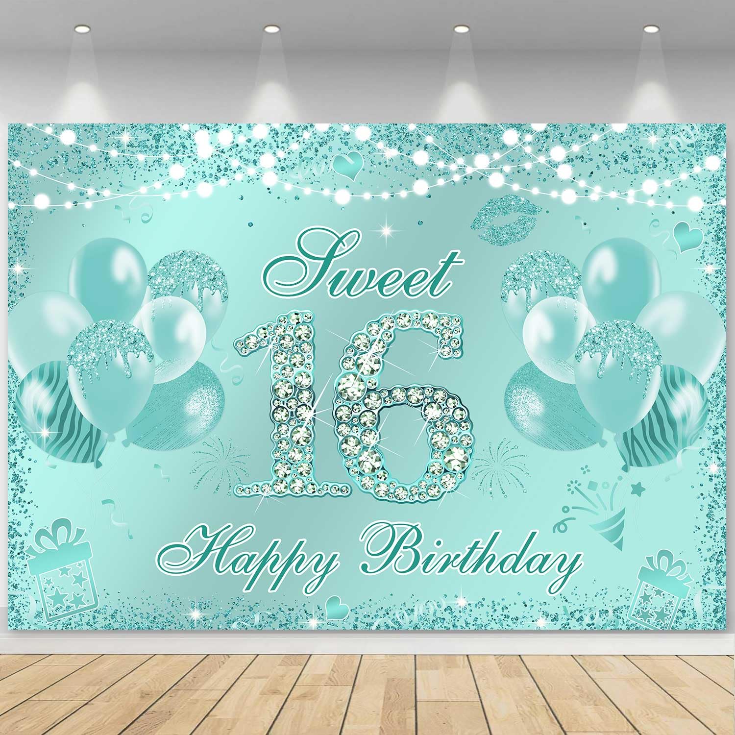 Ayayiya Sweet 16 Birthday Banner Teal Blue Sweet Sixteen Party Decorations Sweet 16 Backdrop Turquoise Glitter Balloon Girls 16 Year Old Birthday
