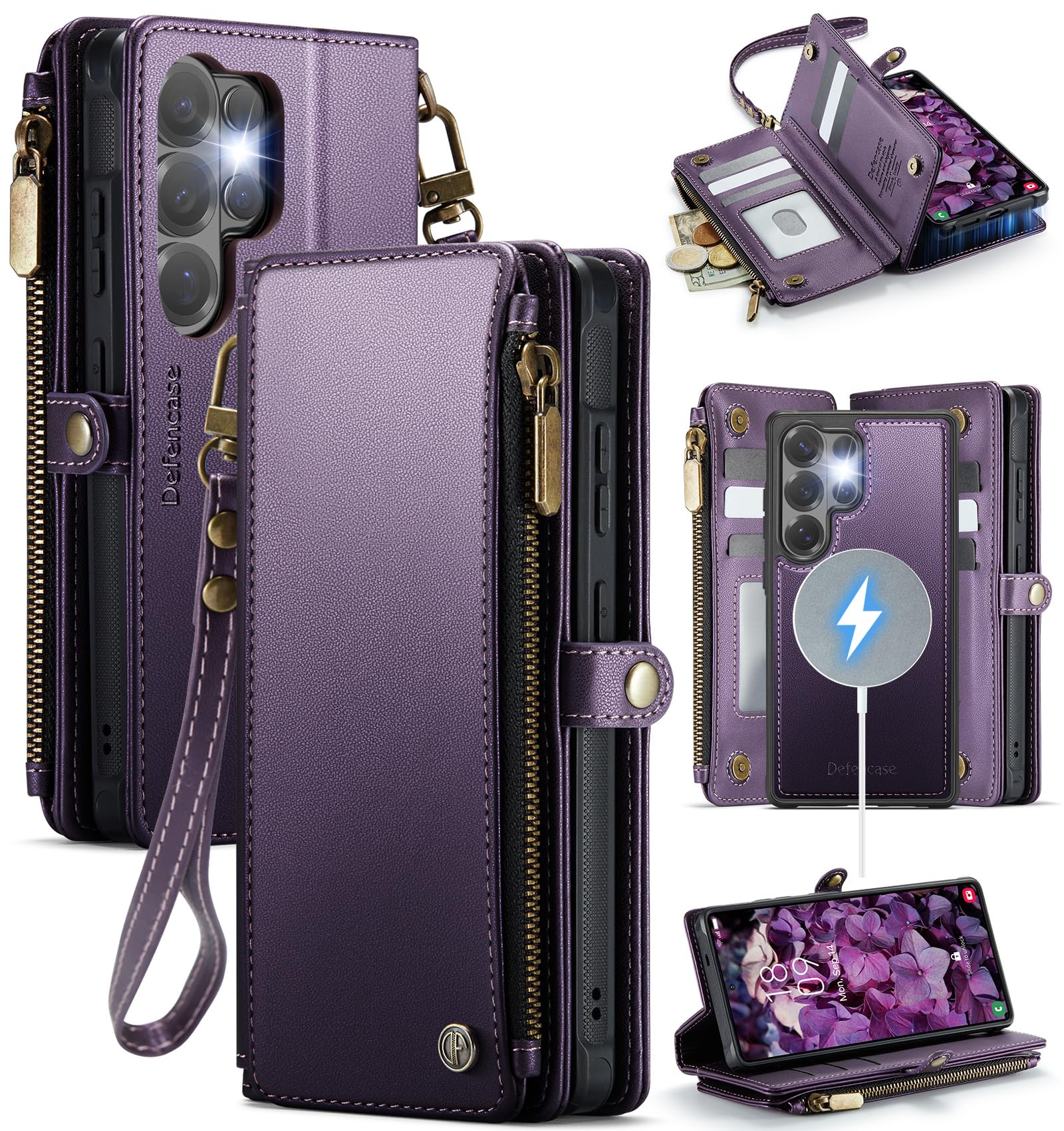 Photo 1 of Defencase for Samsung Galaxy S26 Ultra Magnetic Wallet Case Compatible with Magsafe with RFID Blocking Zipper & Card Holder Women, PU Leather Detachable Phone Case for Galaxy S26 Ultra 6.9", Purple