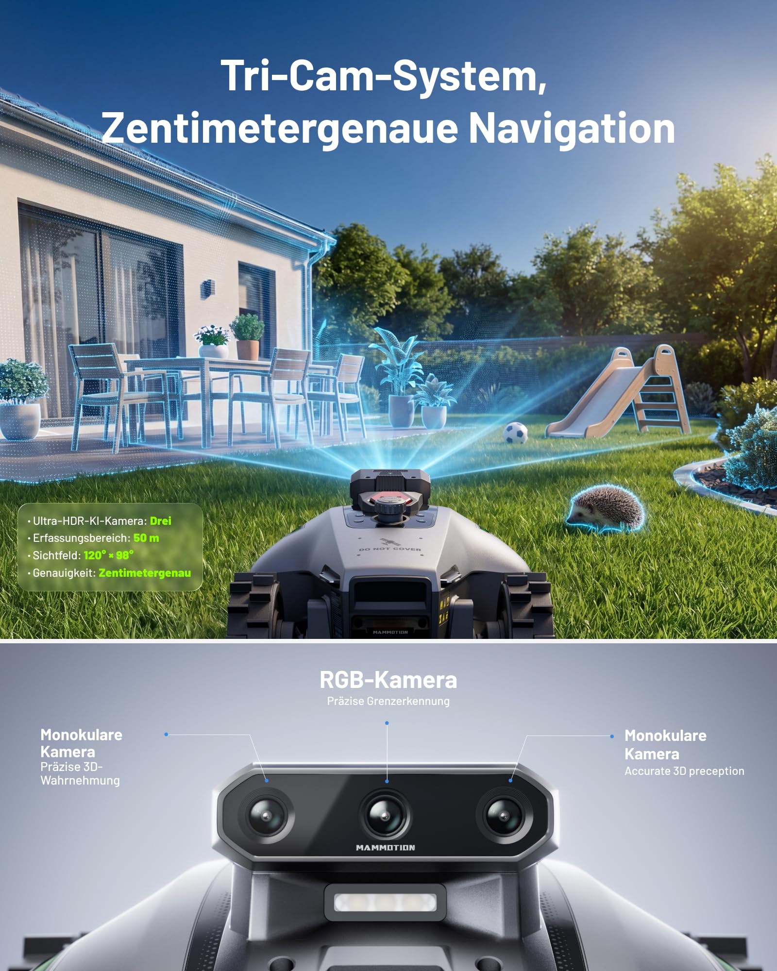 MAMMOTION YUKA mini 2 500 Mähroboter ohne Begrenzungskabel, Empf. 500 m², Kein RTK, Kein Signalabbruch, KI TrueVision-Navigation, Auto-Mehrzonen-Kartierung, DropMow, RWD für 45% Steigung, 4.5Ah-Akku