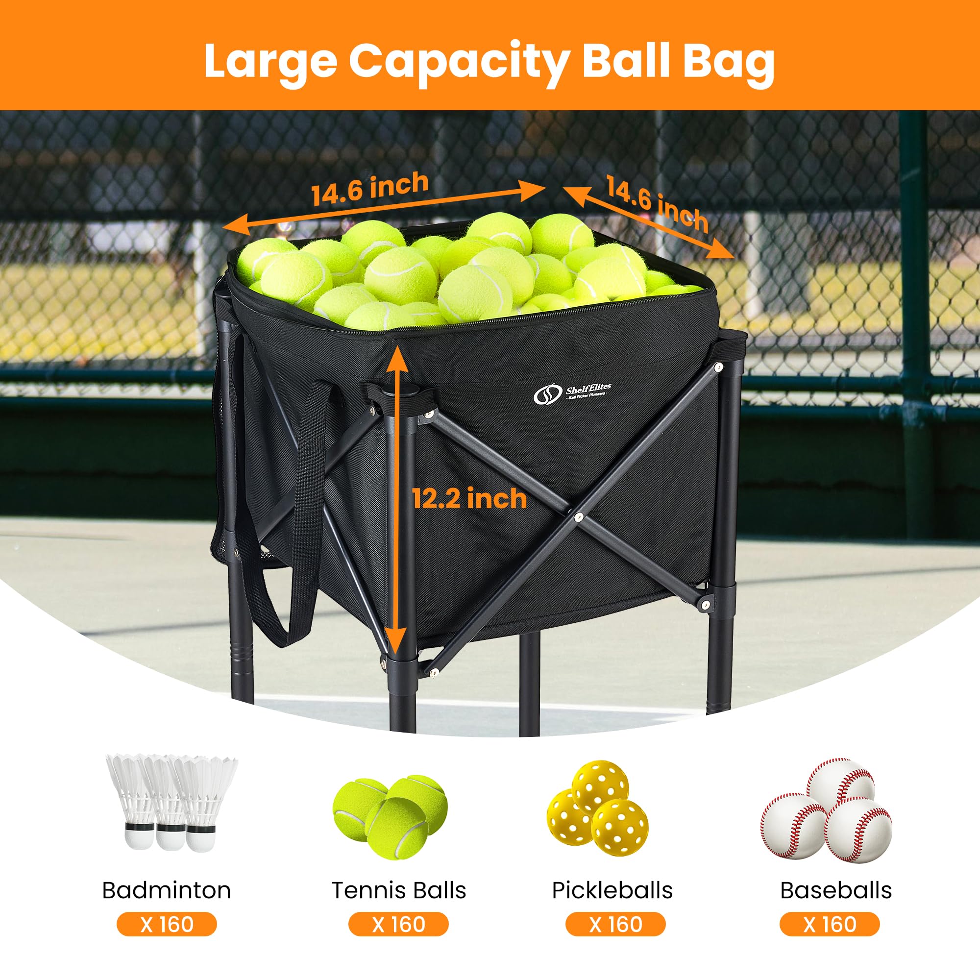 Tolva portátil para pelotas de tenis y canasta de pickleball | Carrito plegable, bolsa de almacenamiento incluida, uso multideportivo