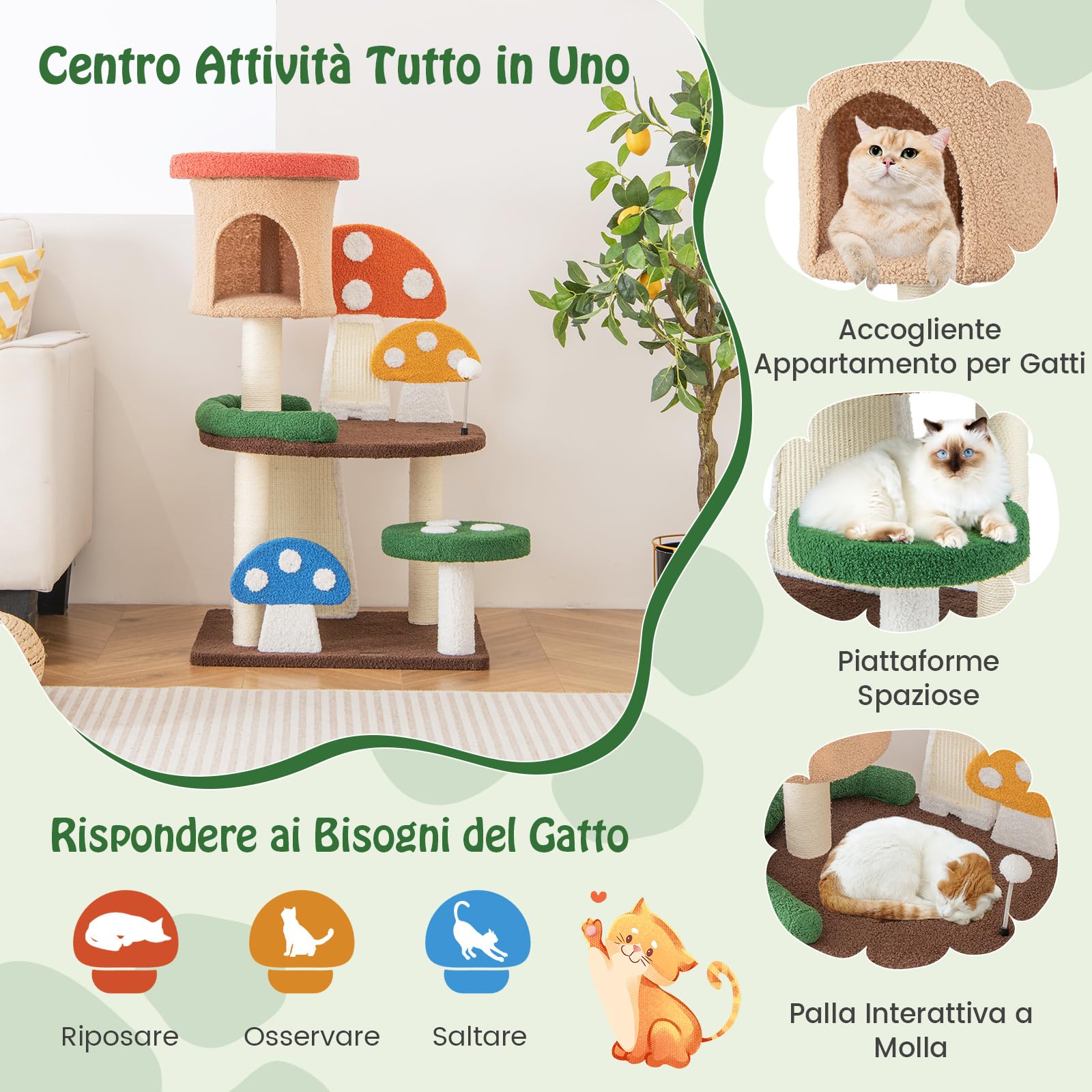 COSTWAY Albero per Gatti a Fungo 4-in-1, Torre Multi-Livello per Gatti con Condo, Piattaforma e Palla a Molla, Centro Attività per Gattini con Pali in Sisal e Tiragraffi