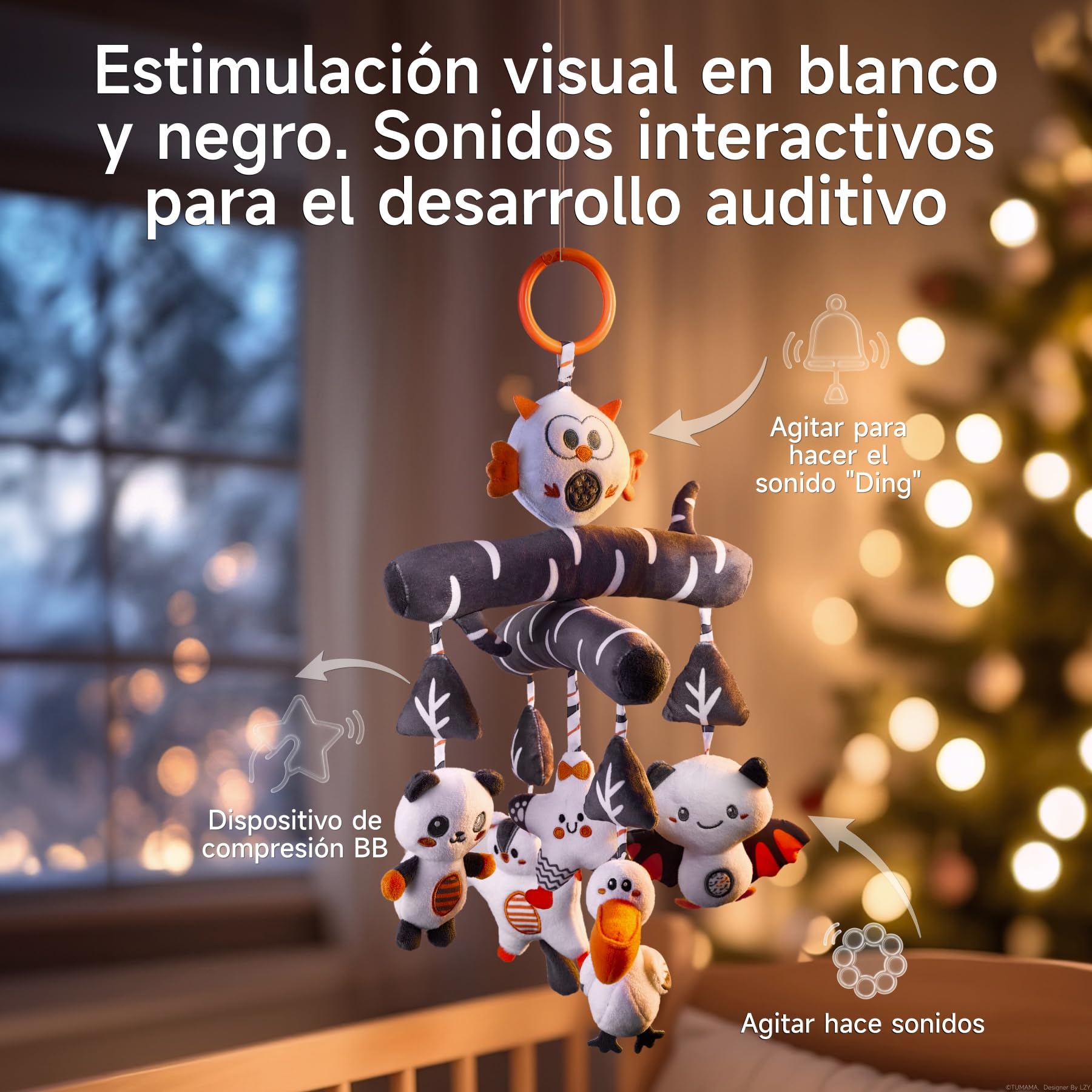 TUMAMA Juguetes Carro Bebes 0 2 3 5 6 9 Meses con Sonido, Blanco y Negro Sonajero Juguete para Bebe, Peluche Animales Colgante Juegos Recien Nacido Niños Niñas Cuna Coche Carrito Cochecitos Regalos
