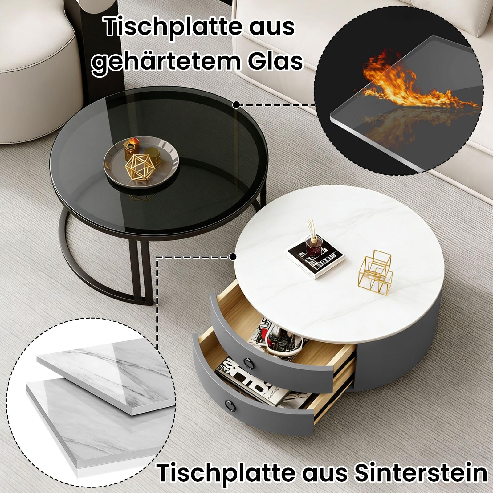 Generisch 2er Set Runde Couchtische mit Stauraum, Moderne Wohnzimmertisch mit Marmoroptik und Glasplatte, Stapelsofa Beistelltisch für Schlafzimmer Wohnzimmer Balkon Büro