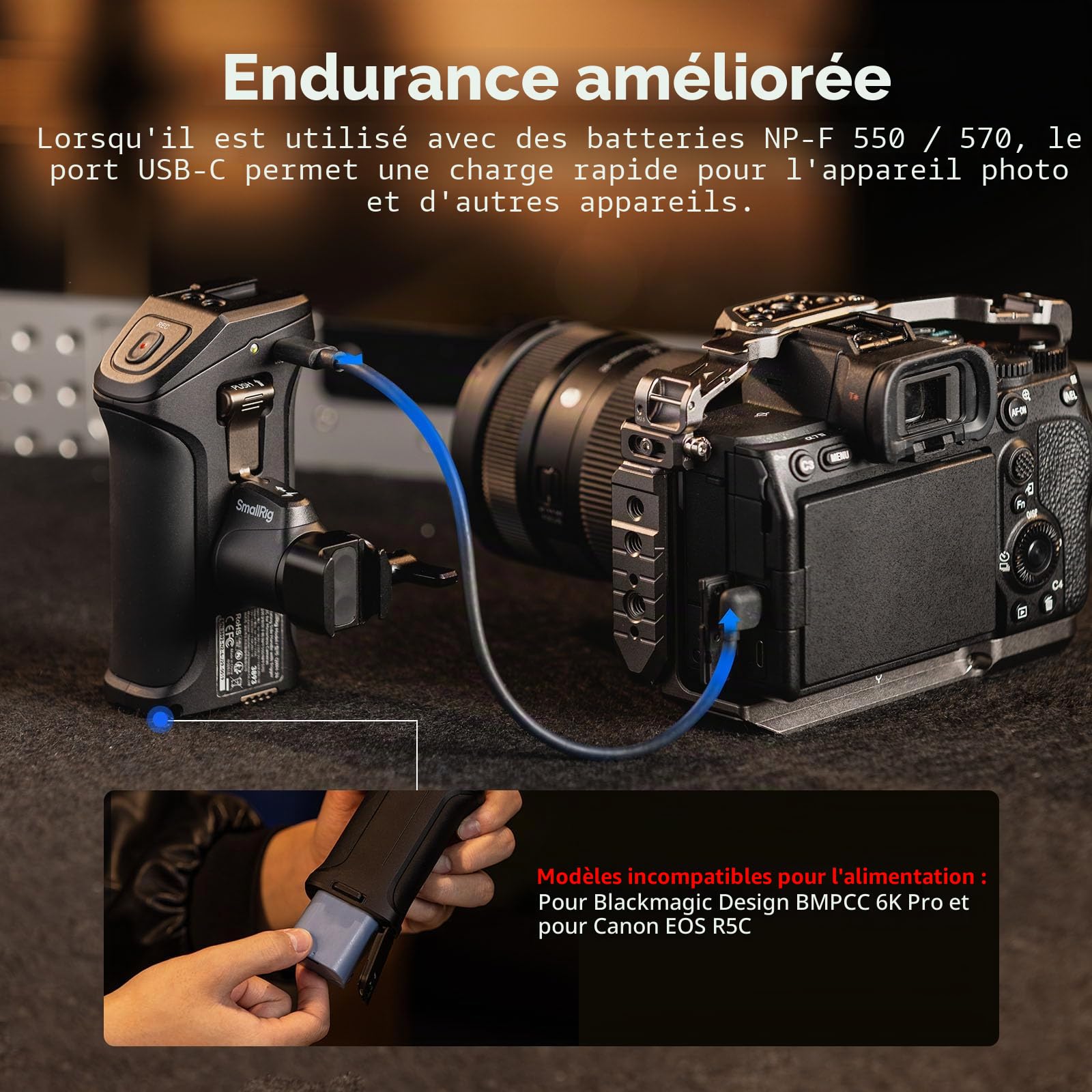 SMALLRIG Poignée Latérale Rotative avec Déclencheur REC pour Canon R3/R5/R6caméras Blackmagic Design Sélectionnées, Compatible avec Batterie F550/570-5235
