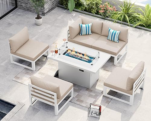 Miniatura 260 de NICESOUL 7 Piece White Powder-Coated Aluminum Patio Furniture with Fire Pit Table, 29 Inch Extra Wide Outdoor Sectional Sofa for 6, High-End Heavy