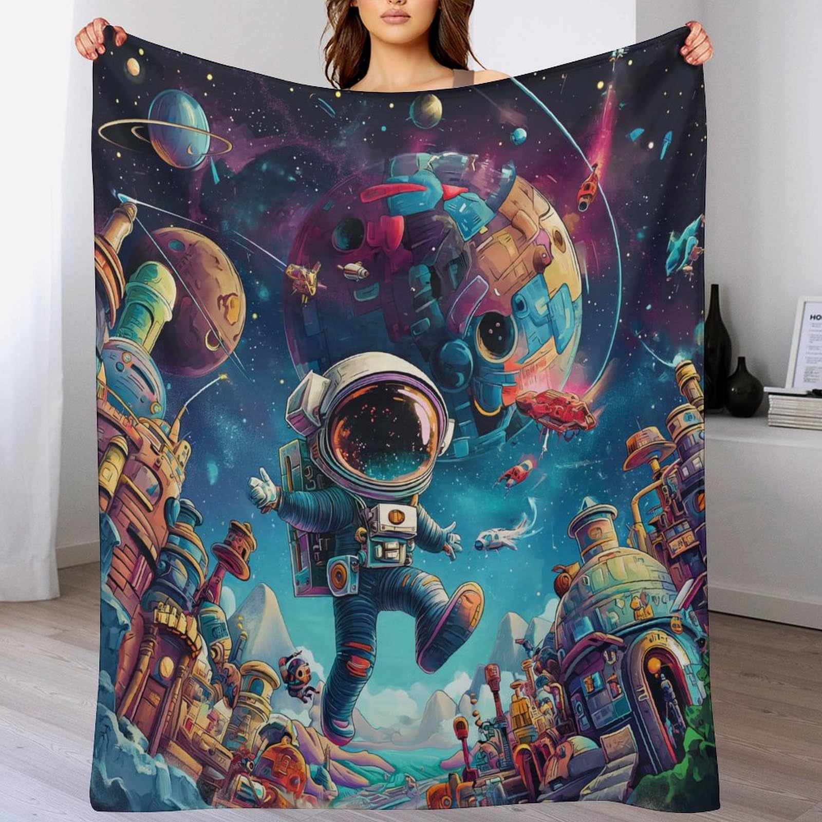 Couverture en flanelle de luxe au motif astronaute avec finitions douces haut de gamme