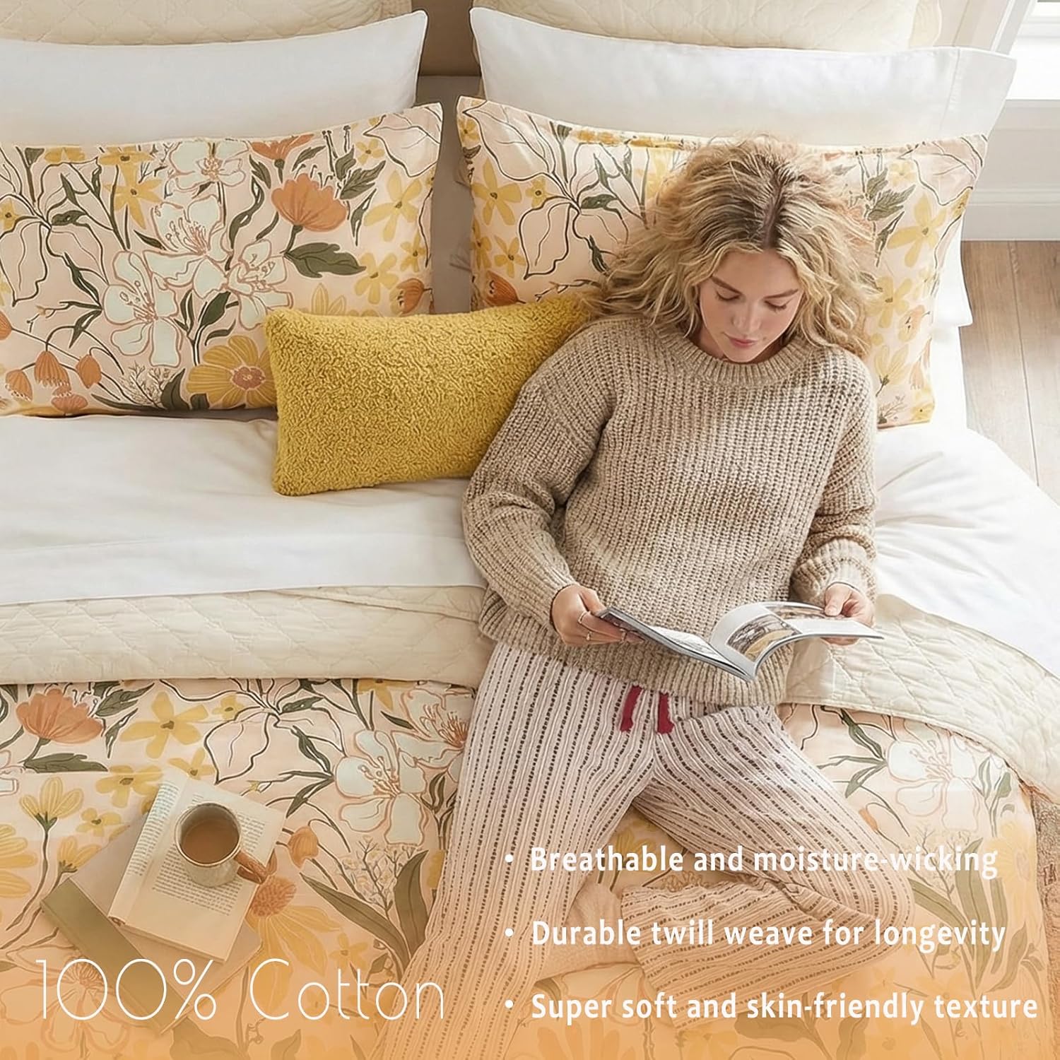 Bedorm Cotton King Duvet Cover Set Yellow Floral Bedding Set 3 Pcs Soft, Breathable & Durable Duvet Cover with Zipper Closure Green Leaf Orange Flower Comforter Cover Set French Country Style