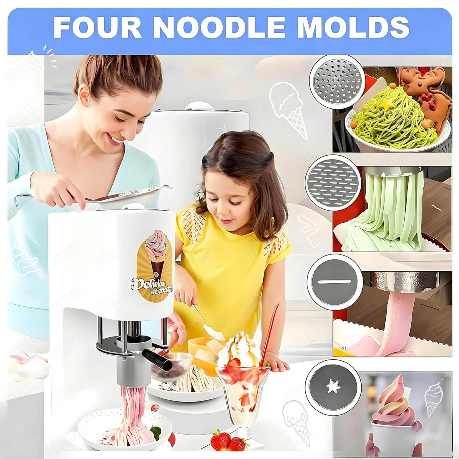 Máquina de helado en espagueti 80W, 4 moldes de acero inoxidable intercambiables, 30L/H, un solo toque, compacta para heladerías, parques y uso doméstico