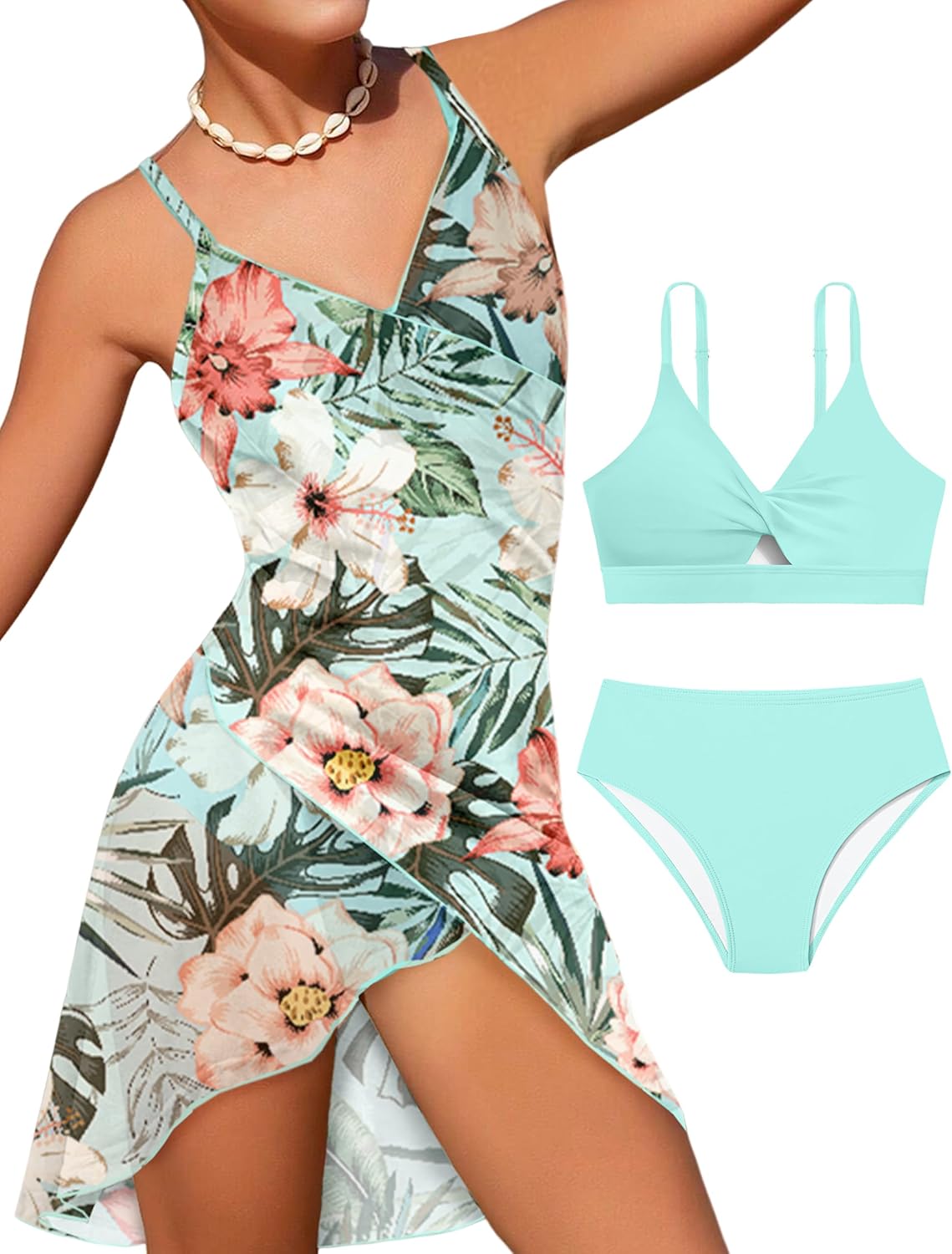 Girls Swimsuits 3 Piece Tropical Print Bathing Suits Twist Cross Bikini Set with Backless Wrap Dress Cover Up