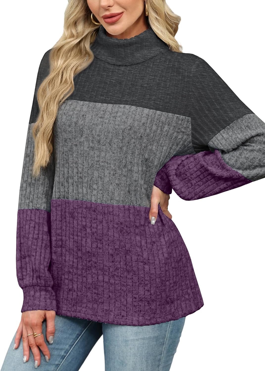 OFEEFAN Turtlenecks Tops for Women Oversized Sweaters Fall Outfits 2026 Plus Size Clothes Long Sleeve Shirts Color Block - Image 4