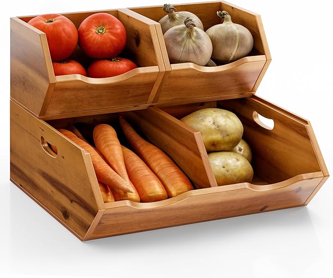 HOLANA 14x11in Acacia Wood Pantry Storage Bins - Set of 3 Wooden Stackable Baskets - Fruit, Vegetable, Potato and Onion Storage - Detachable Fruit Basket Bowl Organization for Kitchen Counter