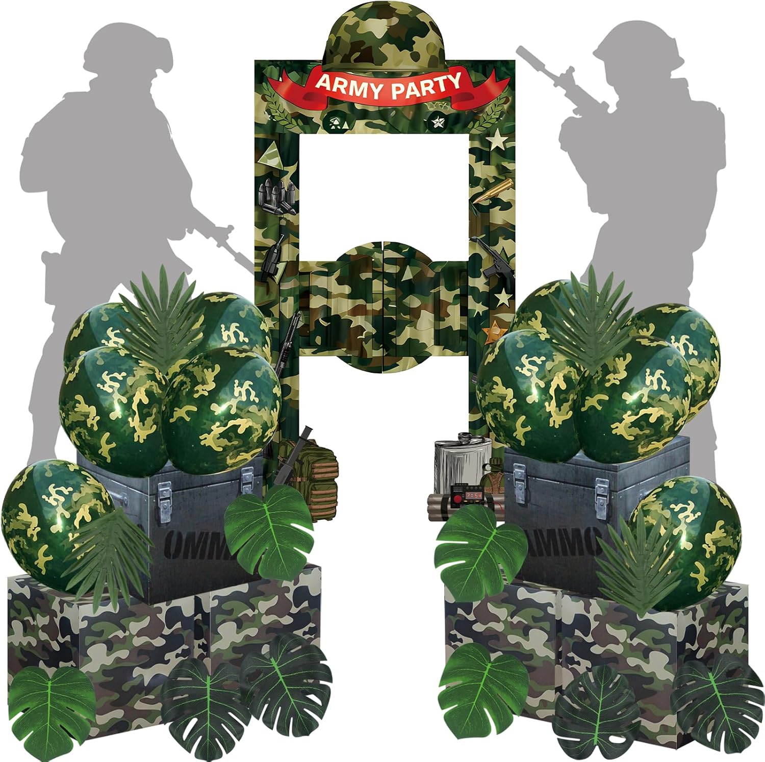 29 Pcs Army Party Decorations, Including Camouflage Balloons, Camo Boxes , Backdrop for Military Going Away Party, Welcome Home Celebration, Hunting Military Enthusiasts Jungle Party Decor