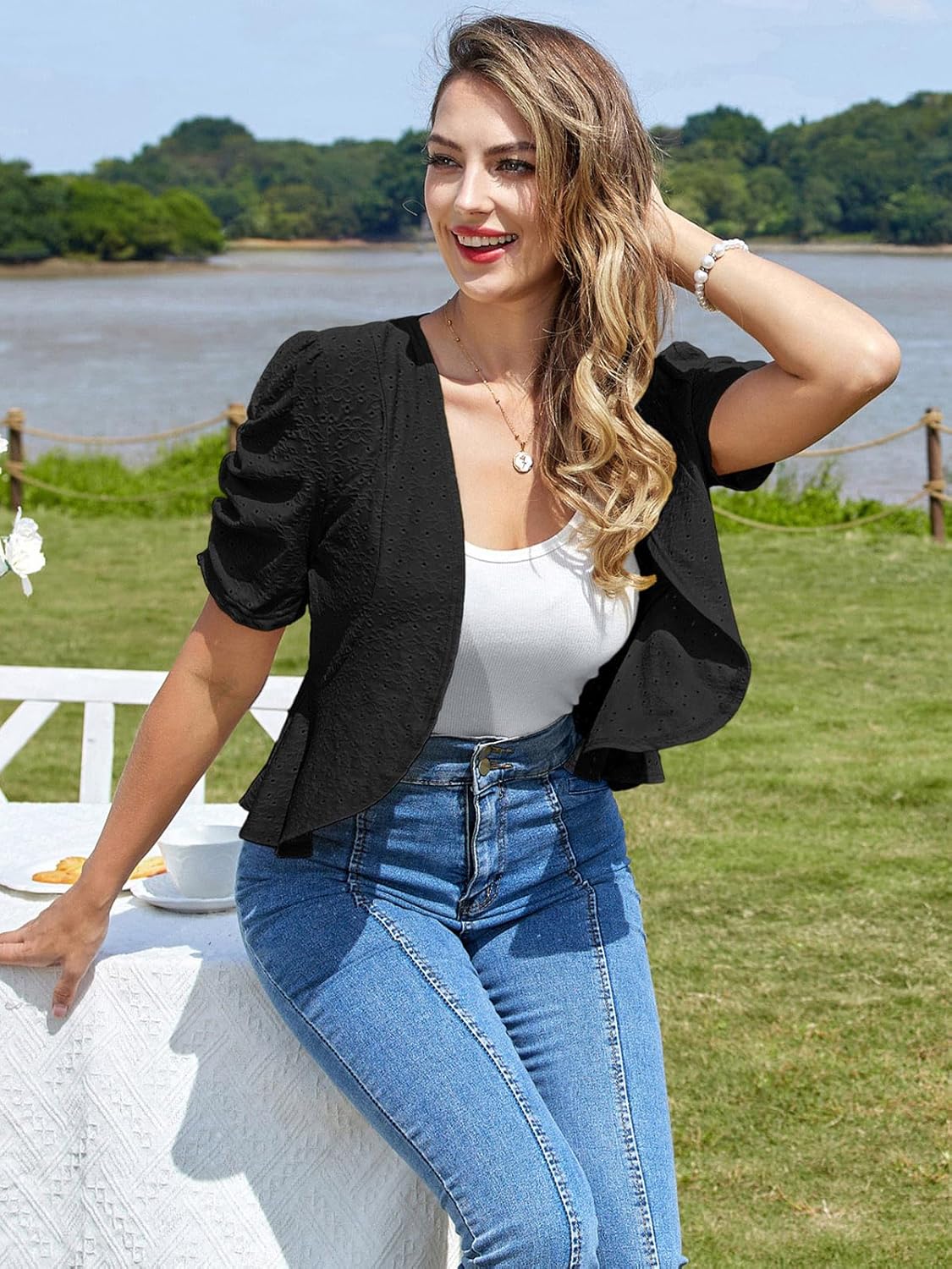 Belle Poque Women's Short Sleeve Bolero Shrug Lightweight Knit Cropped Open Front Cardigan for Dresses - Image 5