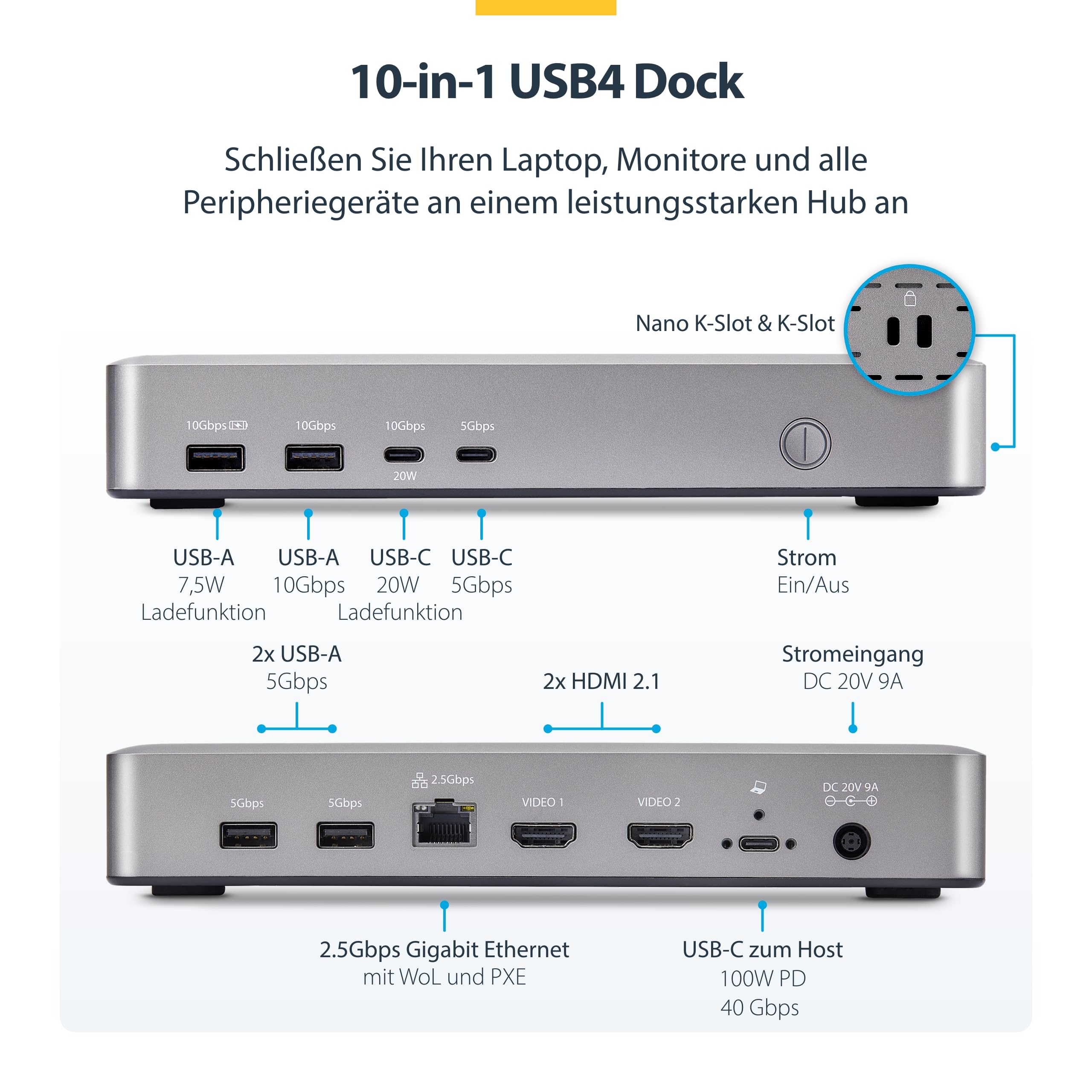 StarTech.com USB4 Docking Station, 40Gbps, 2x HDMI, 2x 4K60Hz/1x 8K60Hz, USB, 2.5GbE, 100W PD, USB-C Laptop Dockingstation | 2x HDMI, 40Gbit/s, USB, 100W, Windows, ChromeOS, PXE-Boot, Wake-on-LAN, Sicherheitsslot