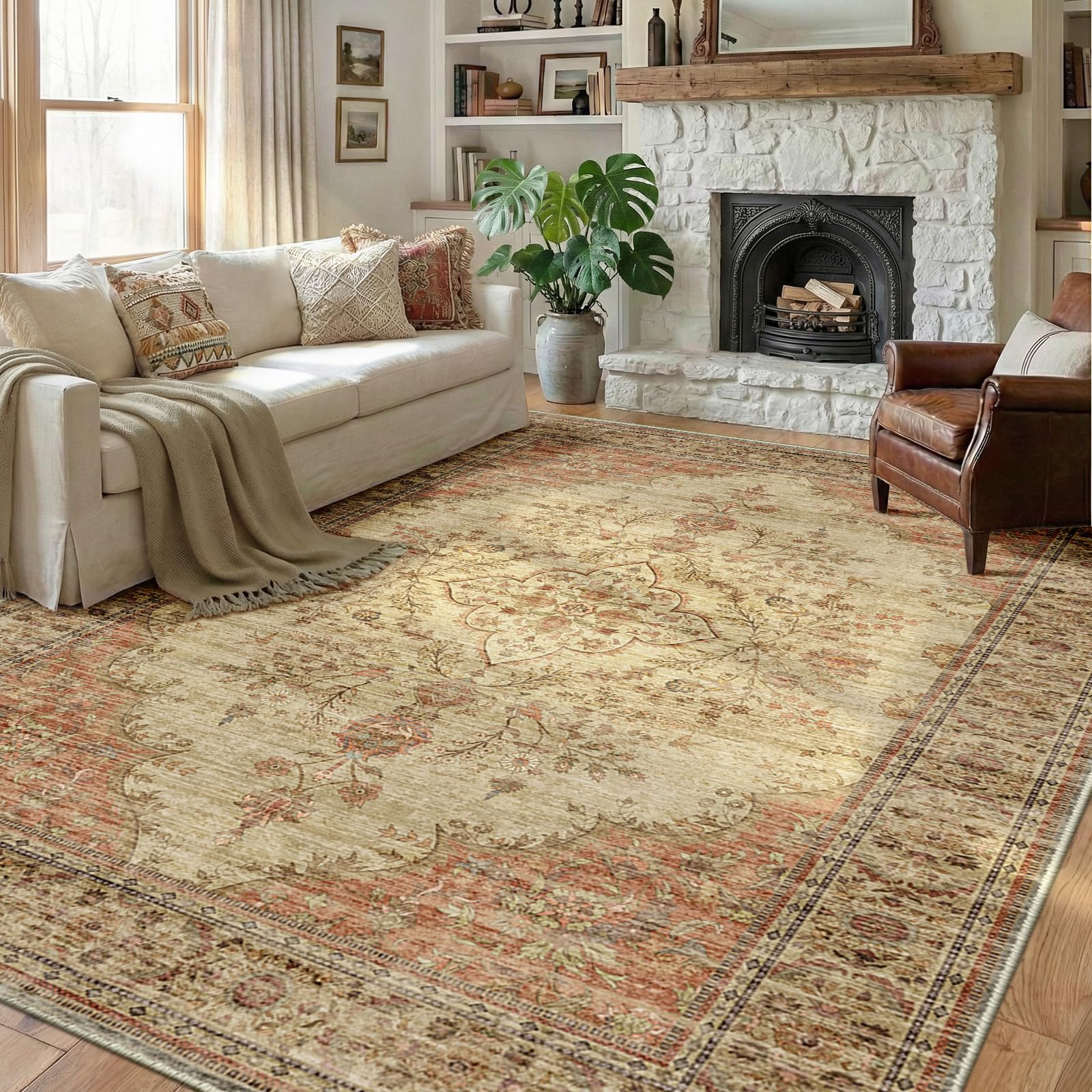DEFYNEE Machine Washable Rug 240x300 cm, Short Pile & Anti-Slip, Retro Boho Area Rug for Living Room, Bedroom, Dining Room, Hallway, Brown-Orange
