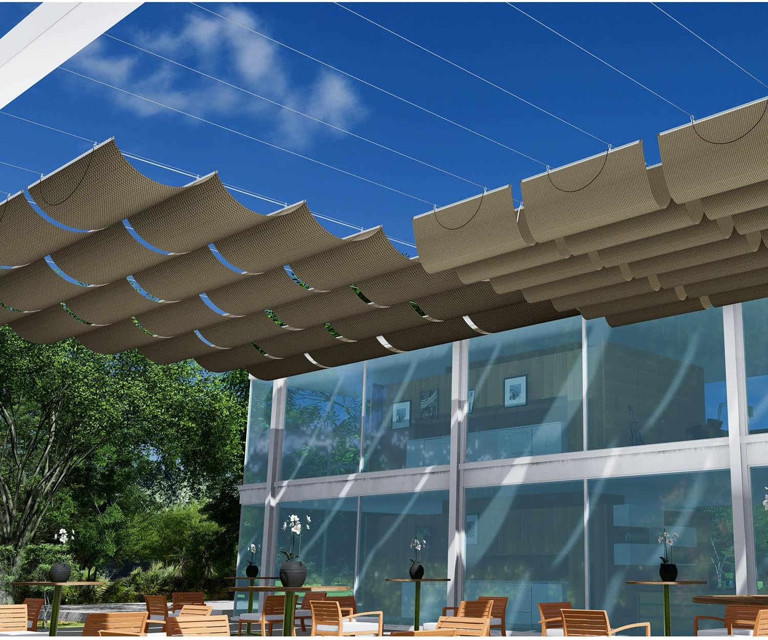 E&K Sunrise 3'Wx12'L Pergola Shade Cover Retractable Canopy Outdoor Wave Sun Shade for Patio Garden Backyard Deck Trellis (Brown)