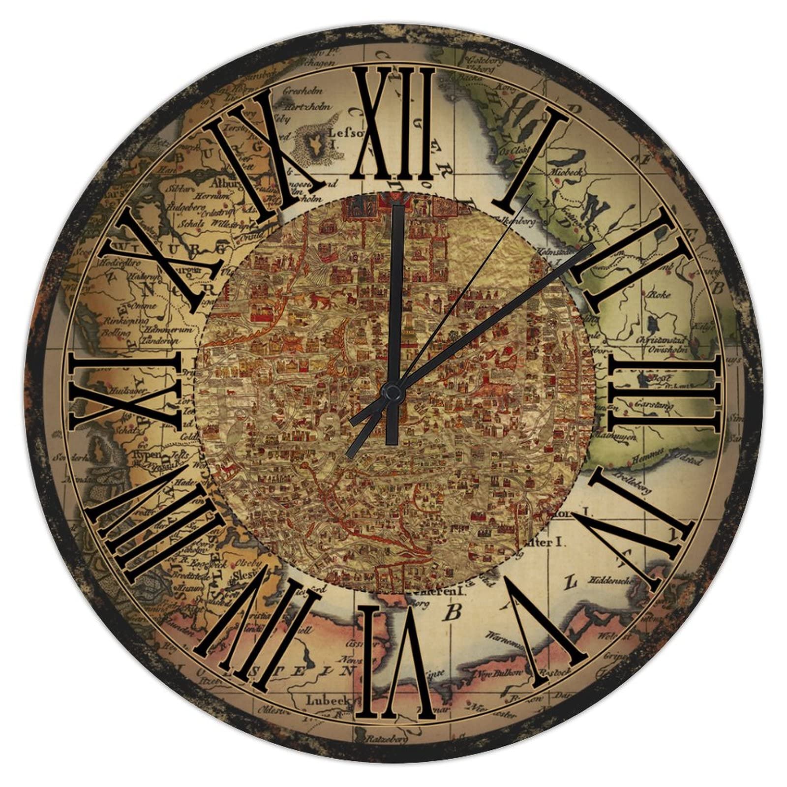 World Map Clock Nautical Antiqued Old World Personalized Round Wall Clock 12 Inch Silent Non-Ticking Quartz Battery Operated Wall Clocks Antique Vintage Wall Hanging Art for Living Room Kitchen Home