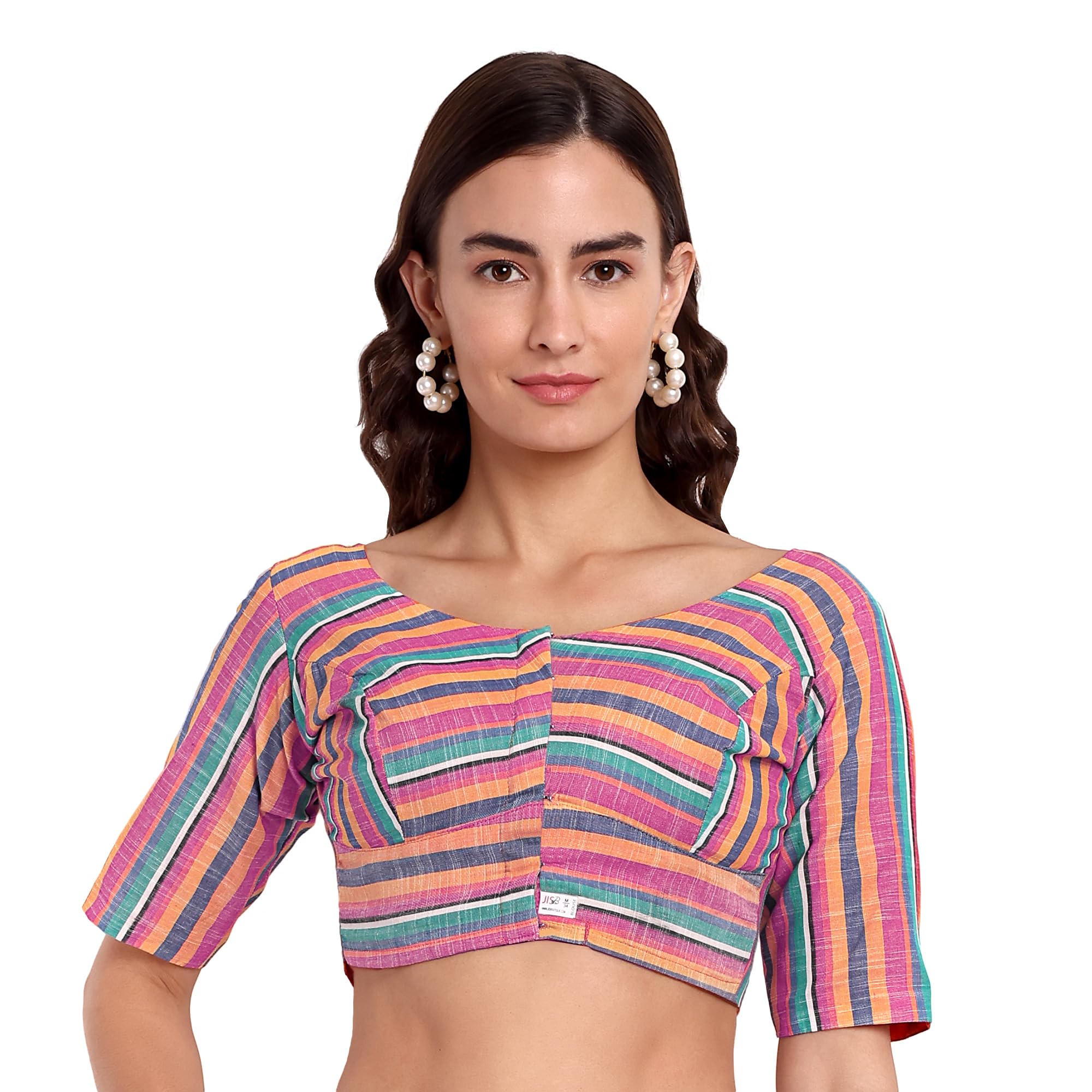 JISBWomen's Multi Color Stripe Cotton Saree Blouse