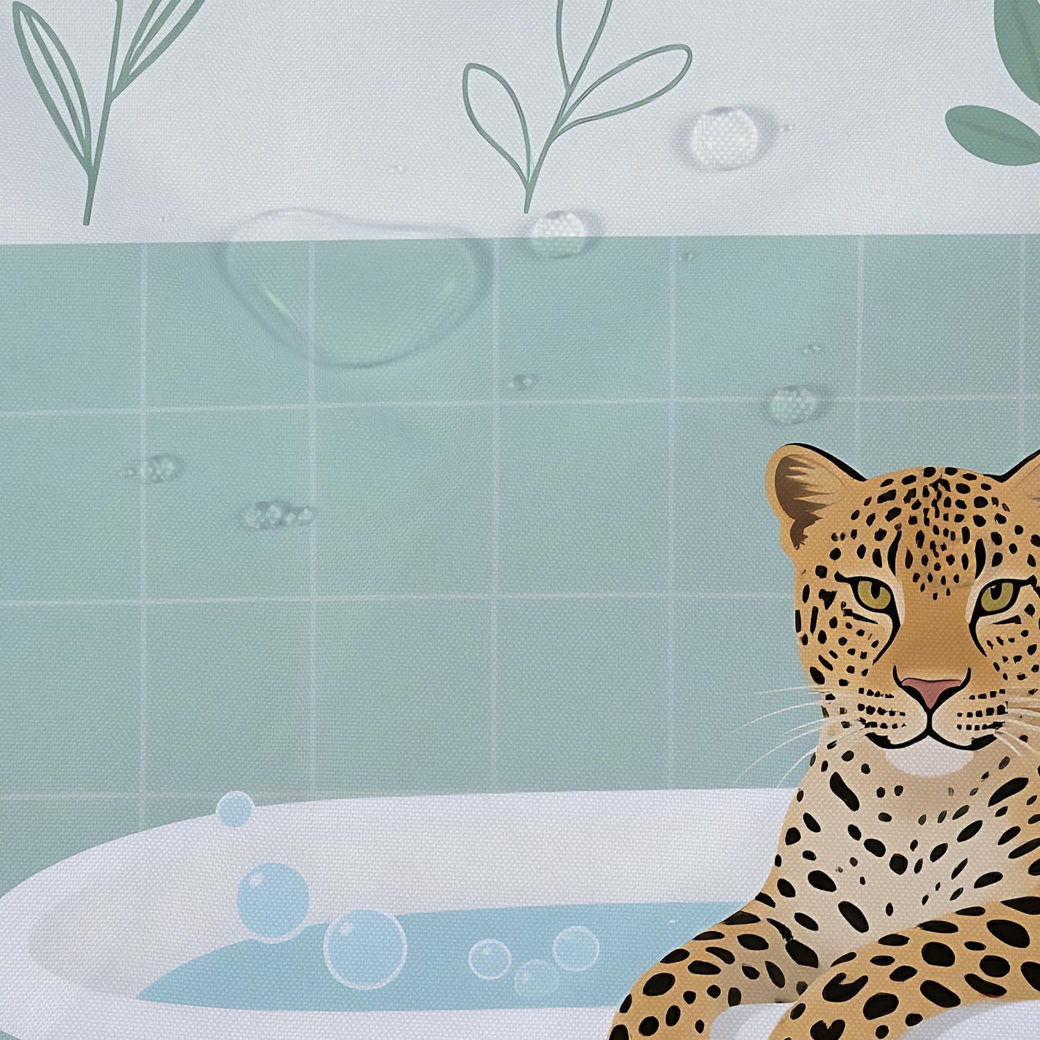 Funny Leopard in Bathtub Shower Curtain- Playful Cartoon Animal Bath Scene with Bubbles, Waterproof Bathroom Decor Set with Hooks 72x72 Inches