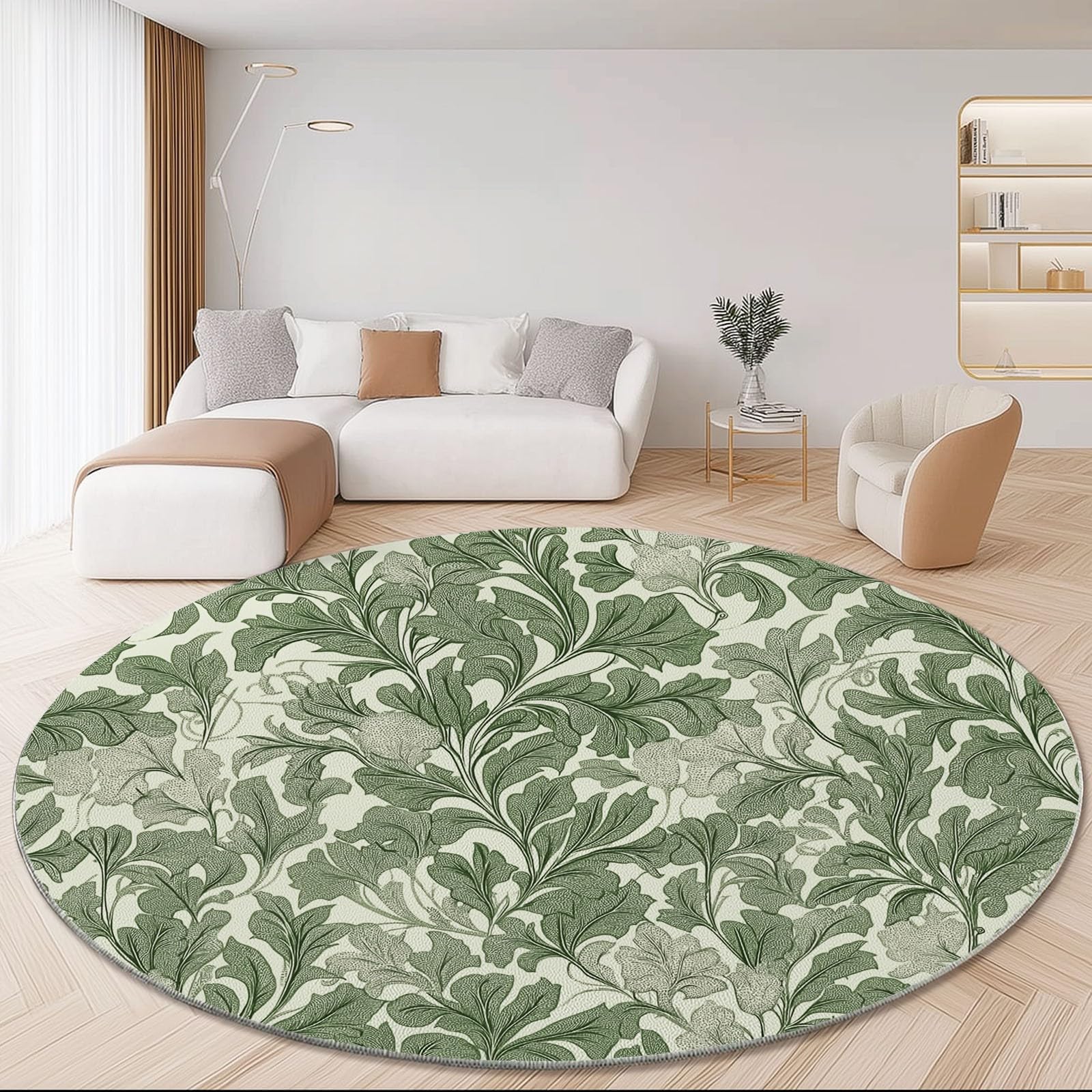 Tapis rond poils ras William Morris vert 100 cm pour salon et couloir