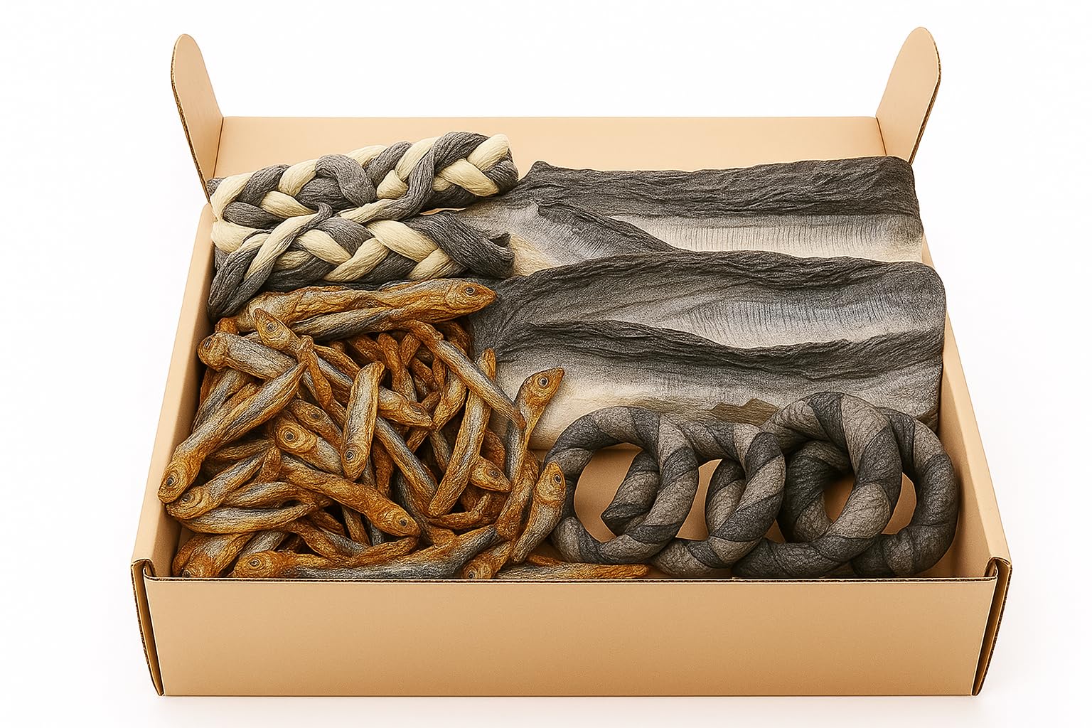 Natural Dog Treat Box, Fish Edition, Sprats, Braids, Flatties, Doughnuts