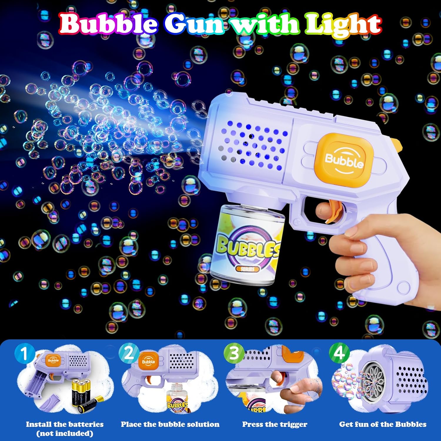 Panamalar 2 Packs Bubble Guns for Kids, Automatic Bubble Machine Gun 10000+ Bubbles/Min, 10 Holes Bubble Maker Toys with Solution/Light for Boys Girls Outdoor Wedding Party, Purple+White