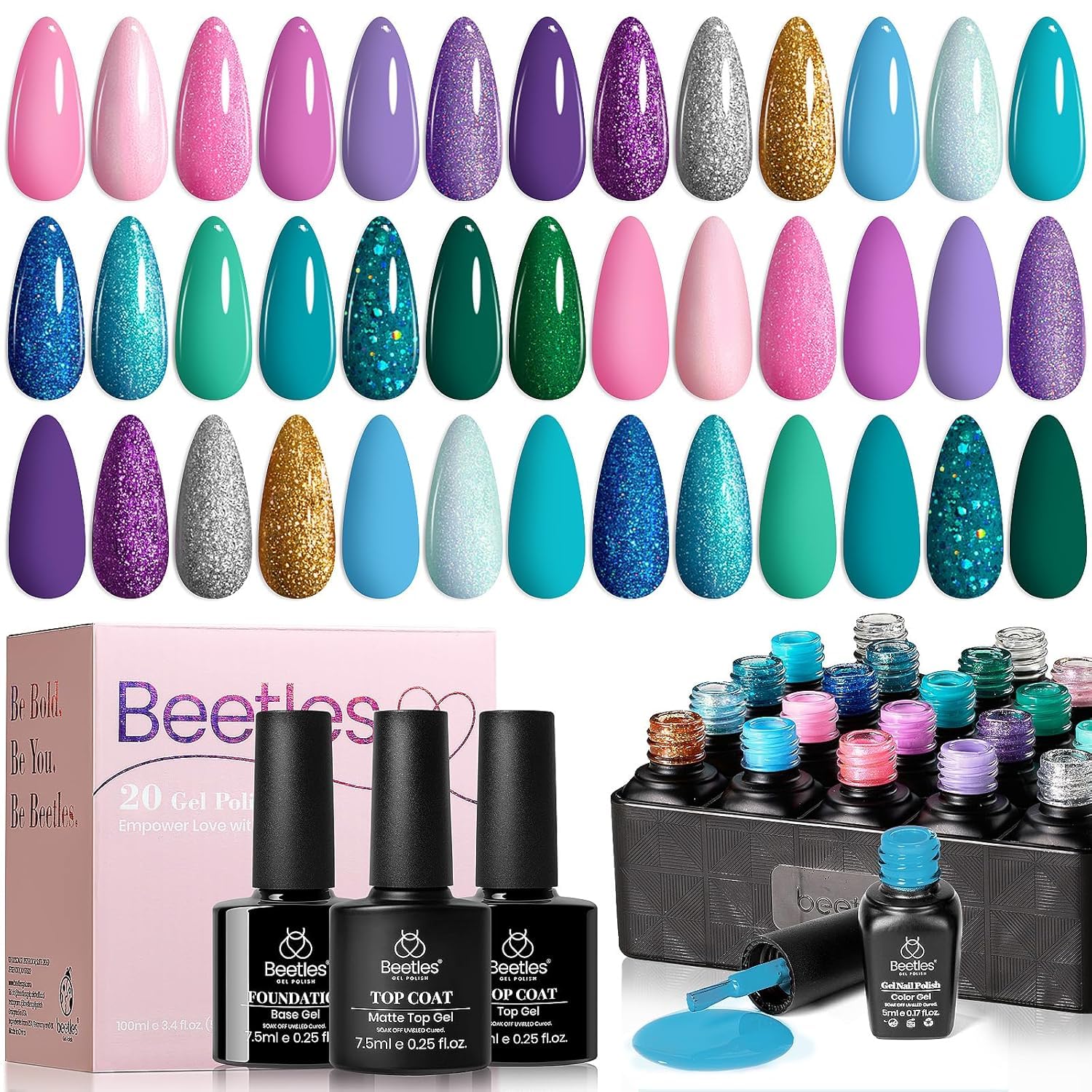 Beetles Summer Mermaid Gel Nail Polish Set, 20 Colors Blue Green Pink Purple Shimmery Glitter Summer Gel Polish Kit with Base Gel Top Coat Soak off Uv Nail Gel Gift for Girls