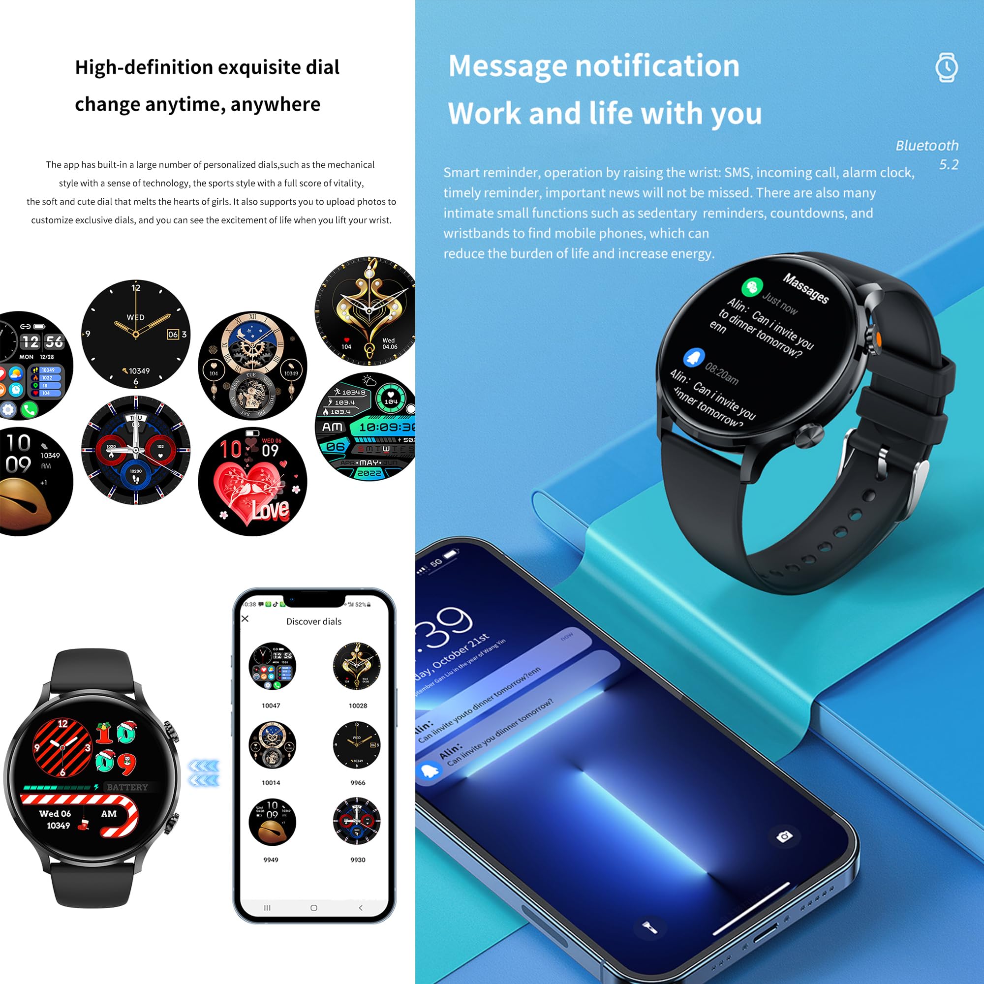 Smartwatch Inteligentny Zegarek Męski z Połączeniami, 1,39" Wodoodporny Smart Watch Sportowy Krokometr Pulsometr Ciśnienie Bransoletka Aktywność Cyfrowy Zegarek dla IOS Android (czarny)