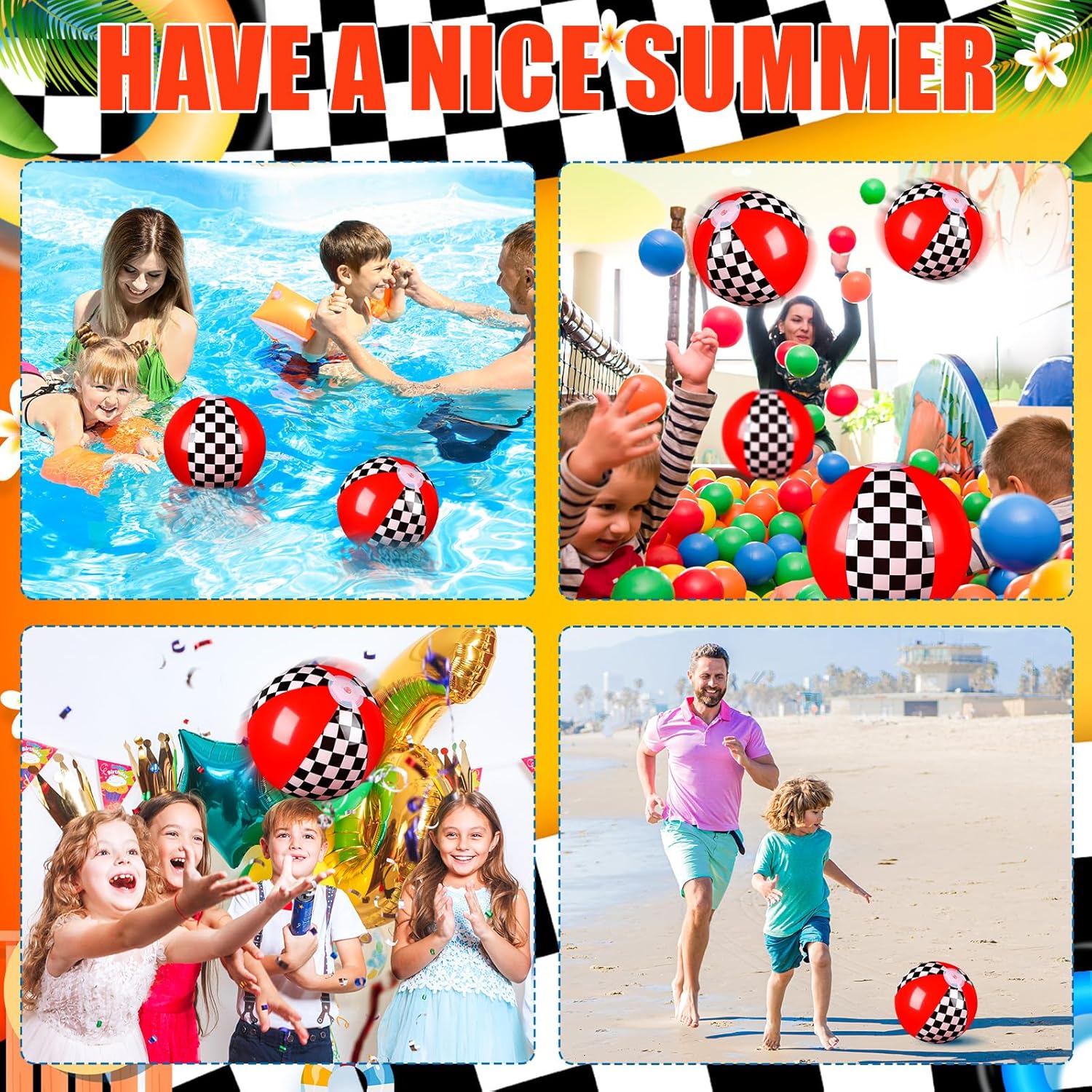 Hollowfly 6 Pack Race Car Beach Ball for Kids 7.87" Bulk Inflatable Black and White Checkered Flag Swimming Pool Ball Toys Summer Beach Water Game Gifts Cartoon Birthday Party Favors Supplies