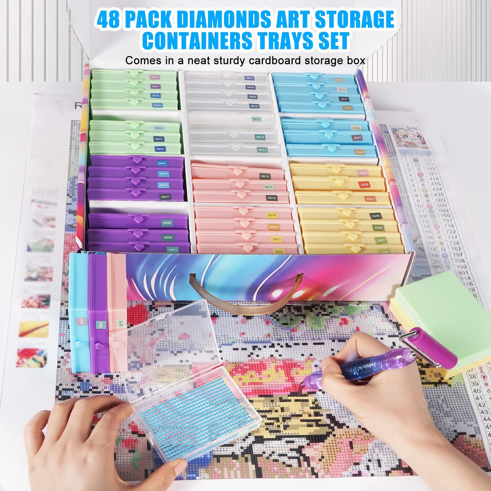 Diamond Painting Aufbewahrungsbox mit Deckel, 48er Set, Antistatische | Diamond Painting Zubehör Organizer Boxen mit Etiketten, Sortierboxen für Kleinteile, Perlen, Schmuck