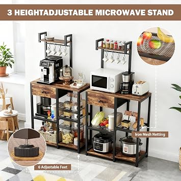 Kitchen Bakers Rack with Drawer,6 Tier Microwave Stand with Hooks