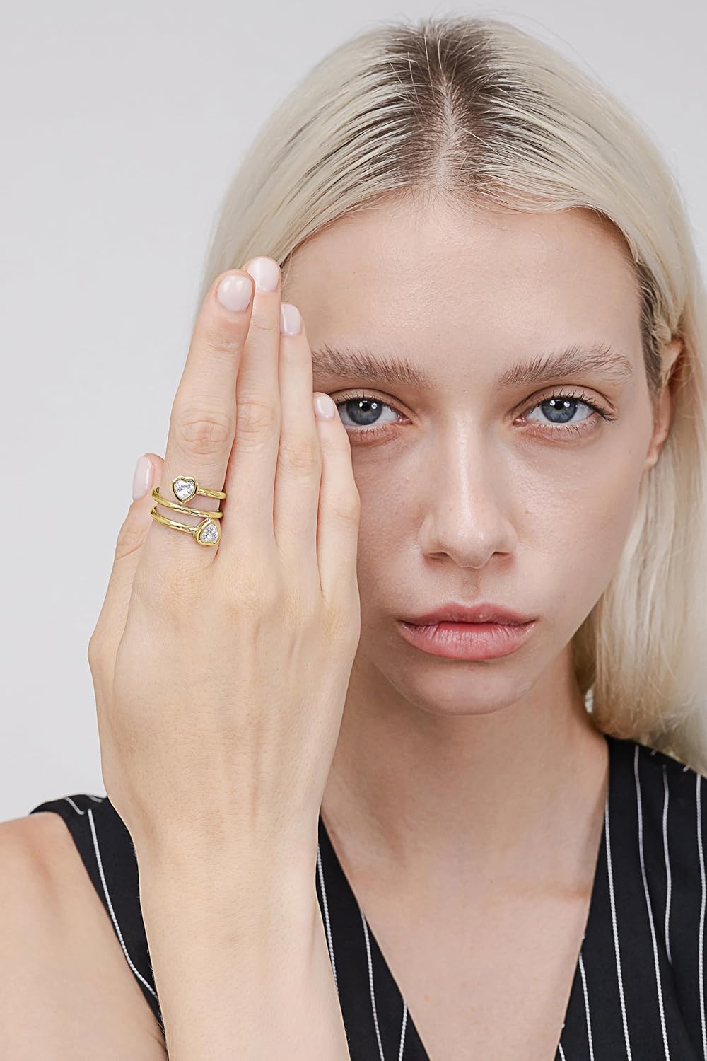 Hoops & Loops Yellow Gold Flashed Sterling Silver Cubic Zirconia Heart Two Stone Spiral Wrap Around Polished Statement Ring, Size 8