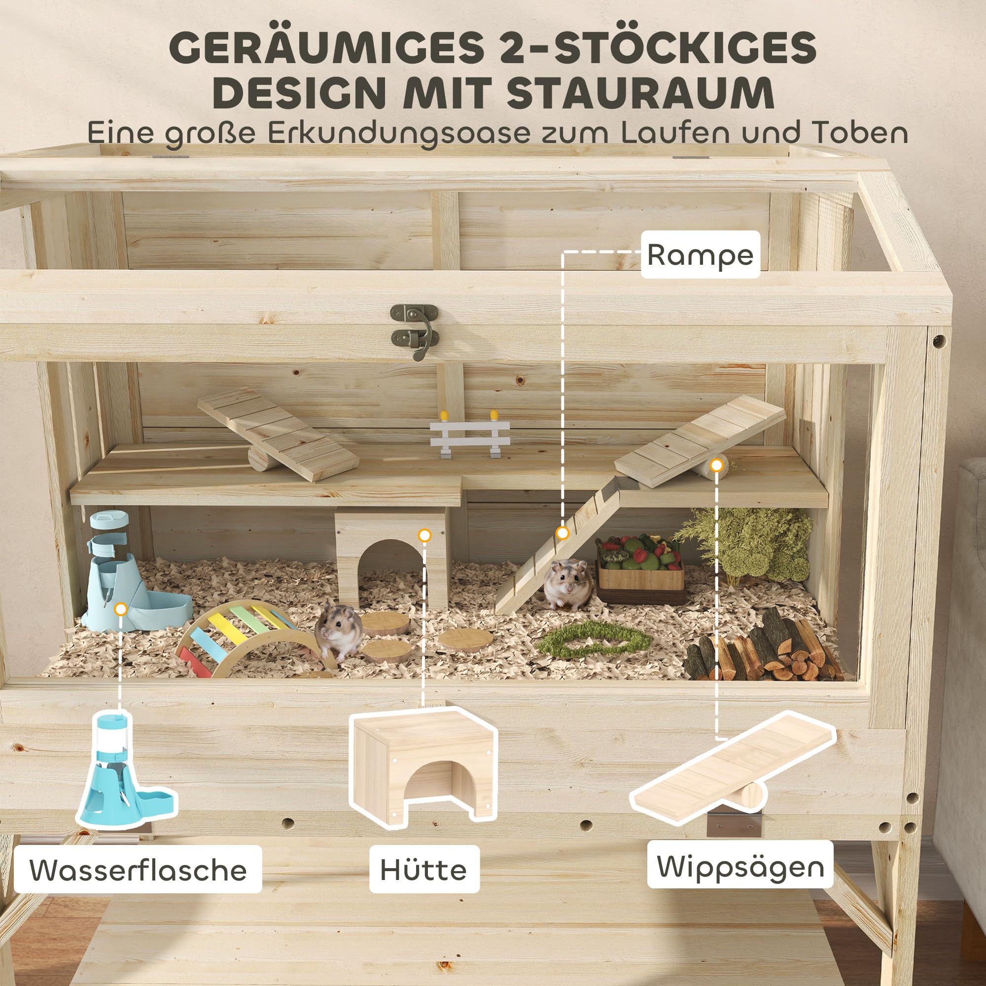 PawHut Hamsterkäfig aus Holz 2 Etagen mit unterem Ablagefach, zu öffnendem Deckel, Tablett, Wippen, Rampe, Nagarium, Kleintierkäfig mit Hütte, 84 x 53 x 110 cm, Natur