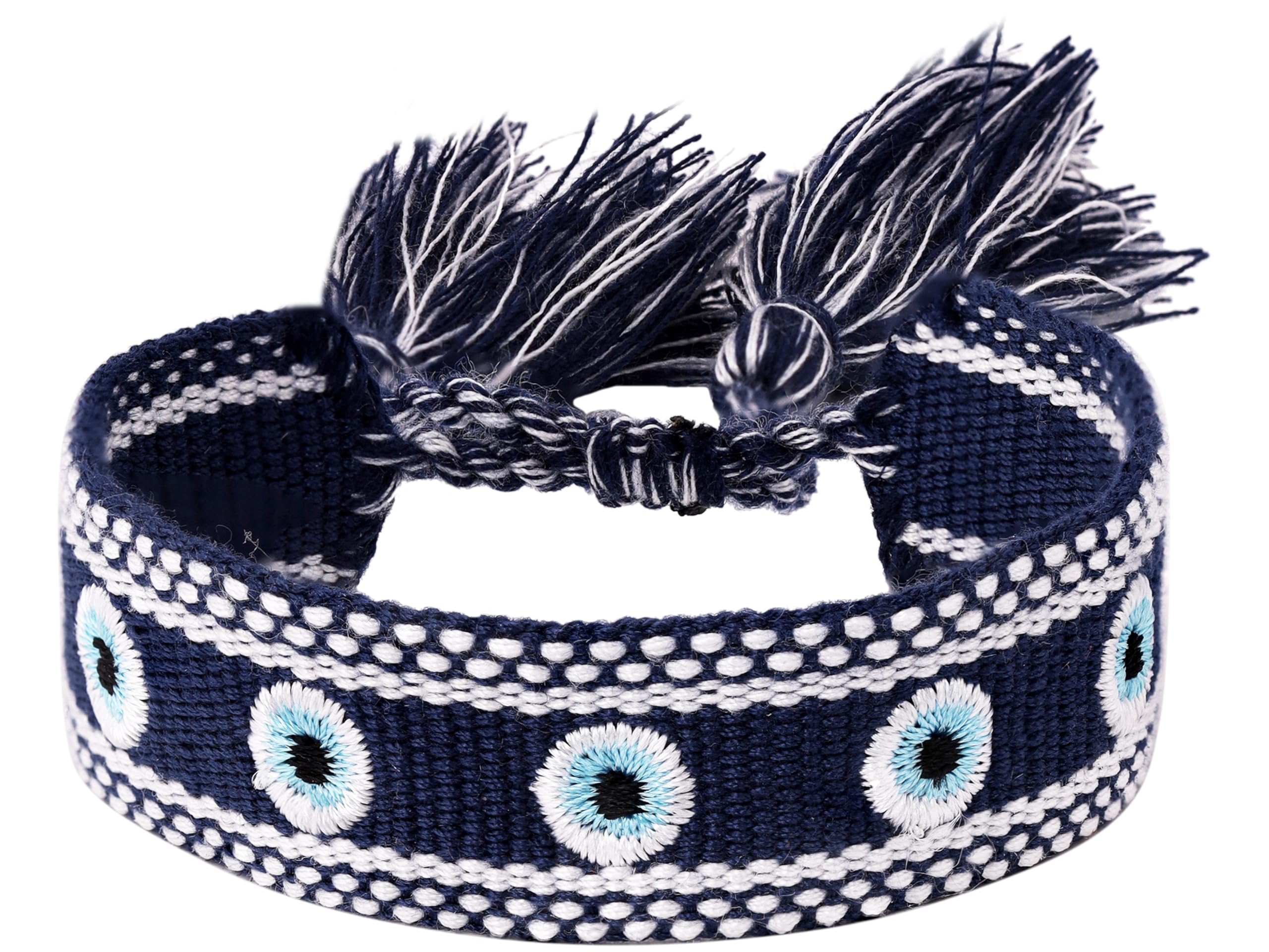 MINACHI Hand-Woven Rope Bracelet with Embroidered Evil Eye Charms, Blue Tone, Bohemian Lucky Jewelry for Women