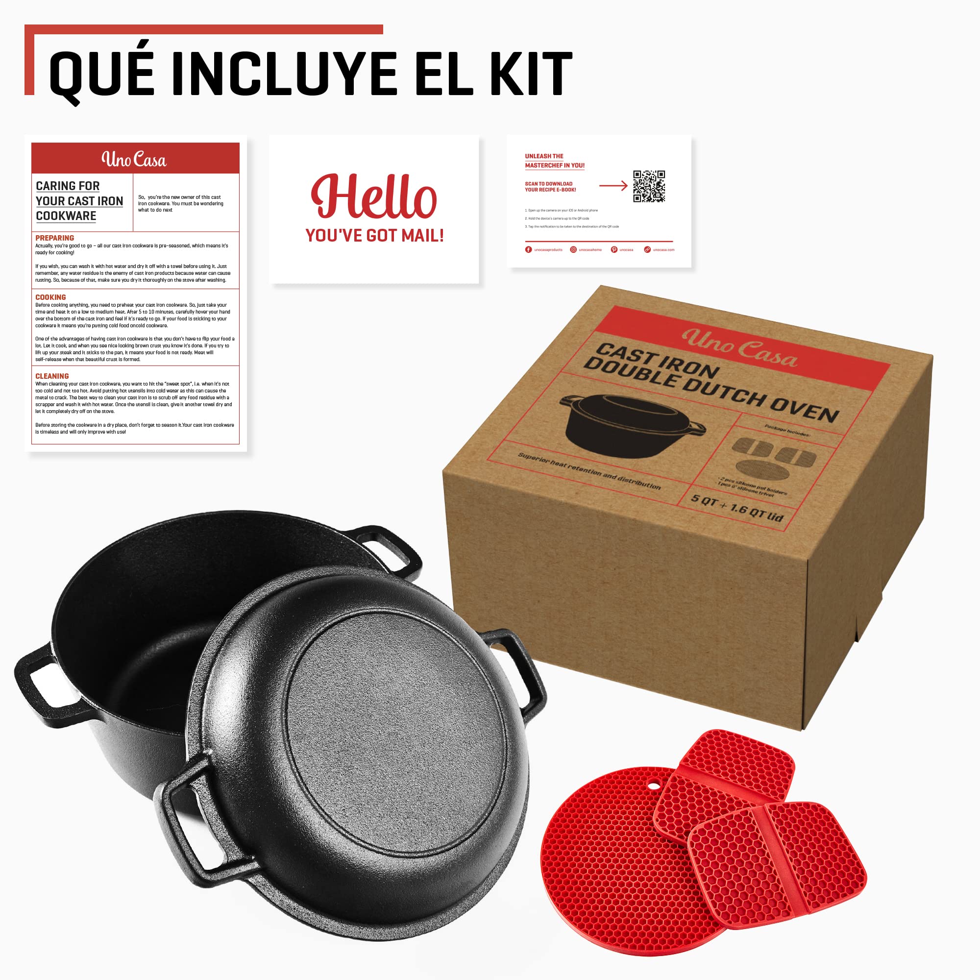 Uno Casa Olla holandesa de hierro fundido con tapa - Juego de cocina 2 en 1 presazonado con olla de 4,7 litros y sartén de 1,5 litros