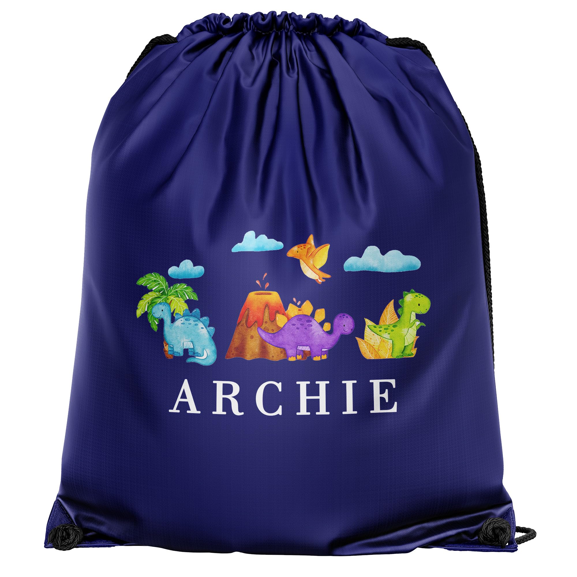 Purple Print House Dinosaur Custom Drawstring Personalised Name with Baby Dino Design Back To School Infant Primary Boys PE Sports Bag, One Size, Navy