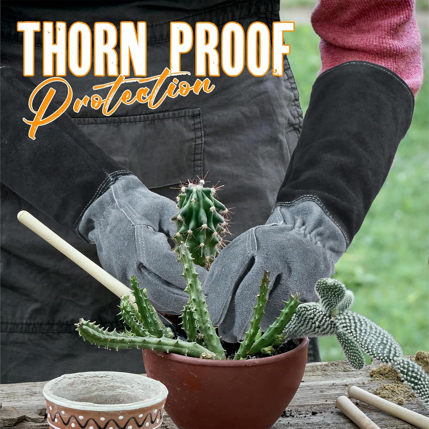 HANDLANDY Bundle - 2 Pairs of Long Gardening Gloves for Men & Women, Cowhide Leather Rose Pruning Gloves, Breathable Thorn Proof Gauntlet Gloves