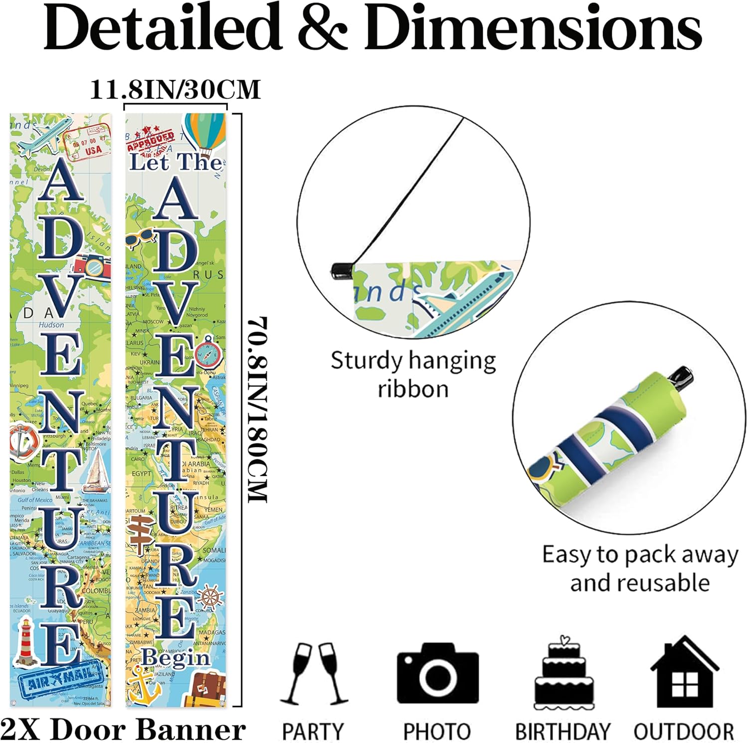 Adventure Awaits Party Decorations Banner - Travel Themed Let the Adventure Begin Door Banner, Blue Bon Voyage Party Supplies for Birthday Wedding Graduation Retirement