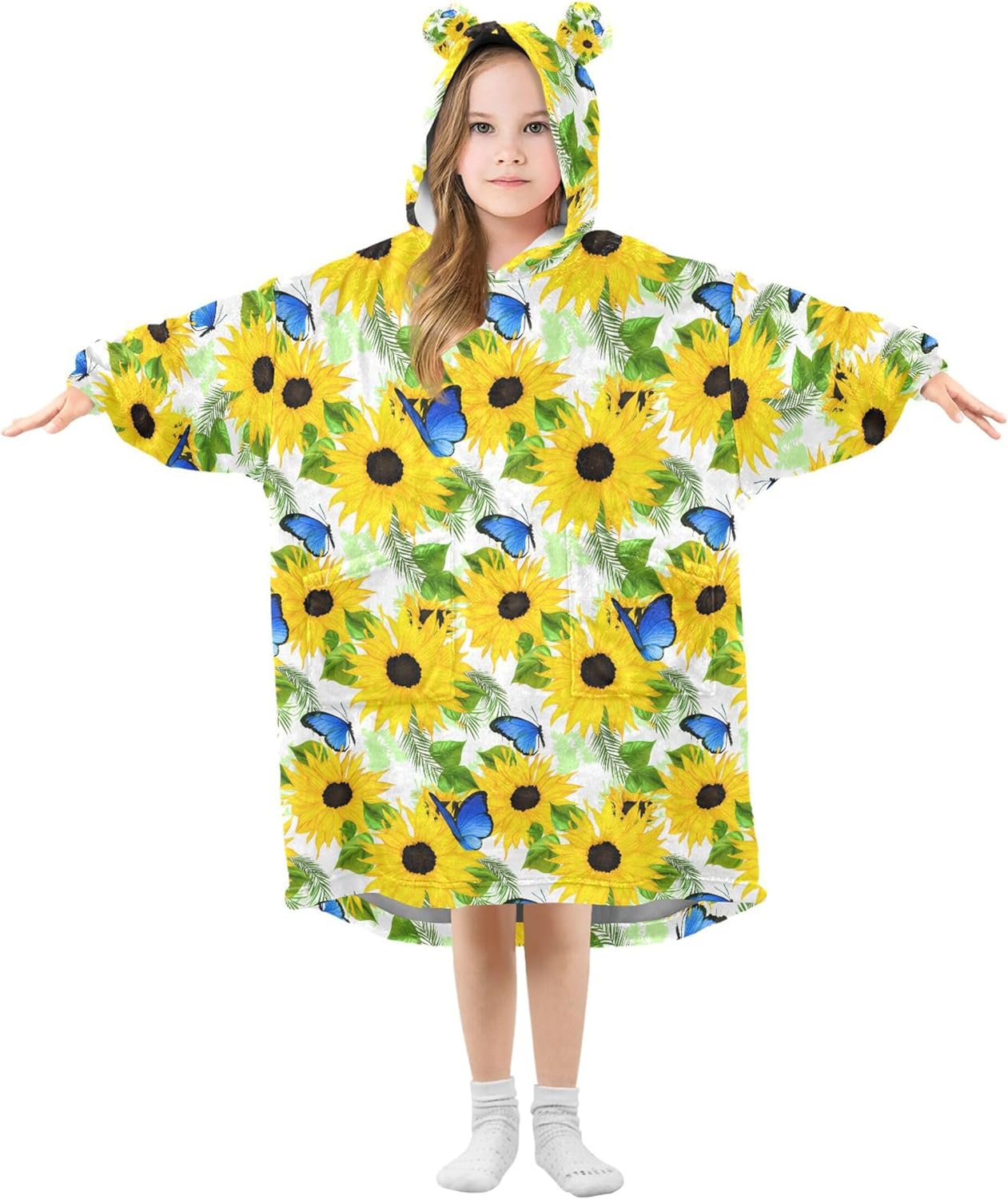 Butterfly Sunflower Kids Wearable Blanket Hoodie with Pocket and Sleeves for Toddlers, Cute Hoodies Girls B0403974