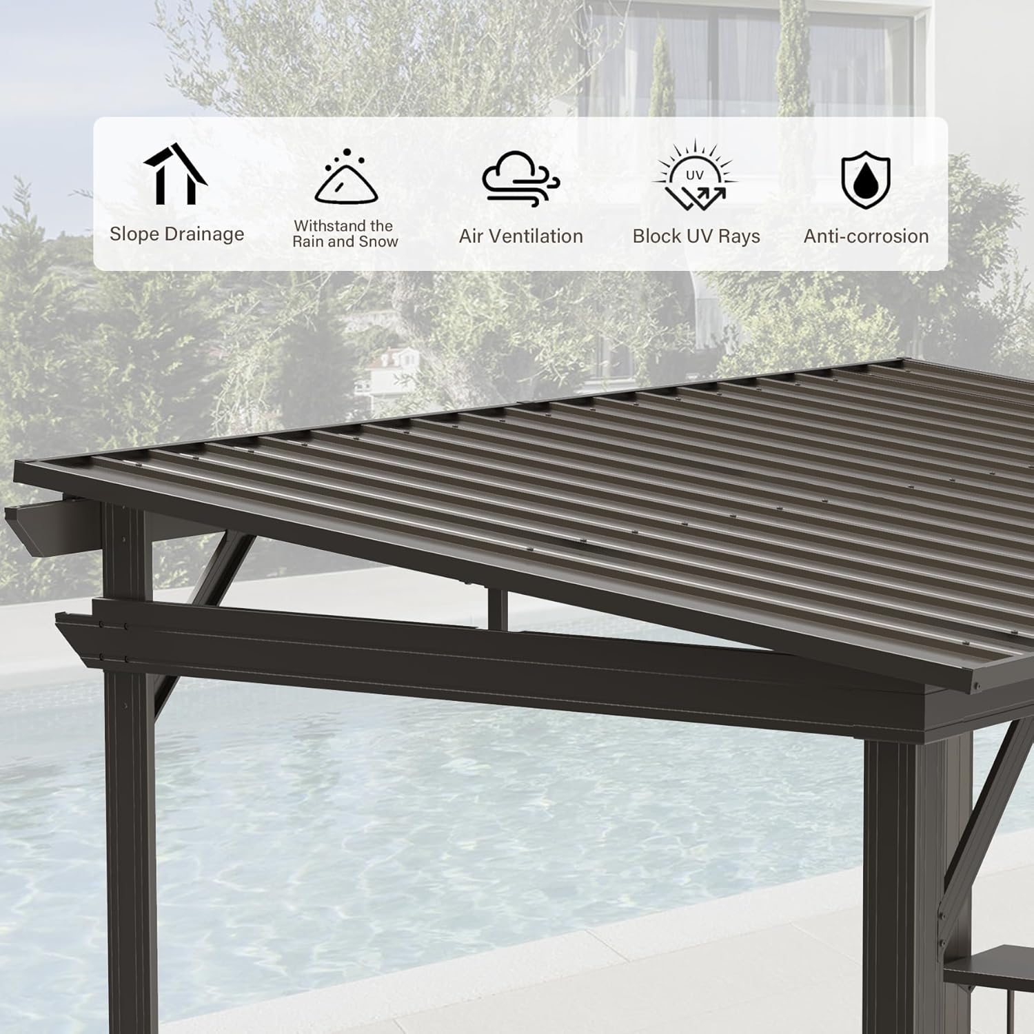 Domi 6.5x12FT Hardtop Grill Gazebo, Outdoor BBQ Gazebo with 2 Side Shelves, Sloping Steel Roof for Permanent Sun Shade with Ceiling Hooks for Patio Deck Yard Garden (Brown)