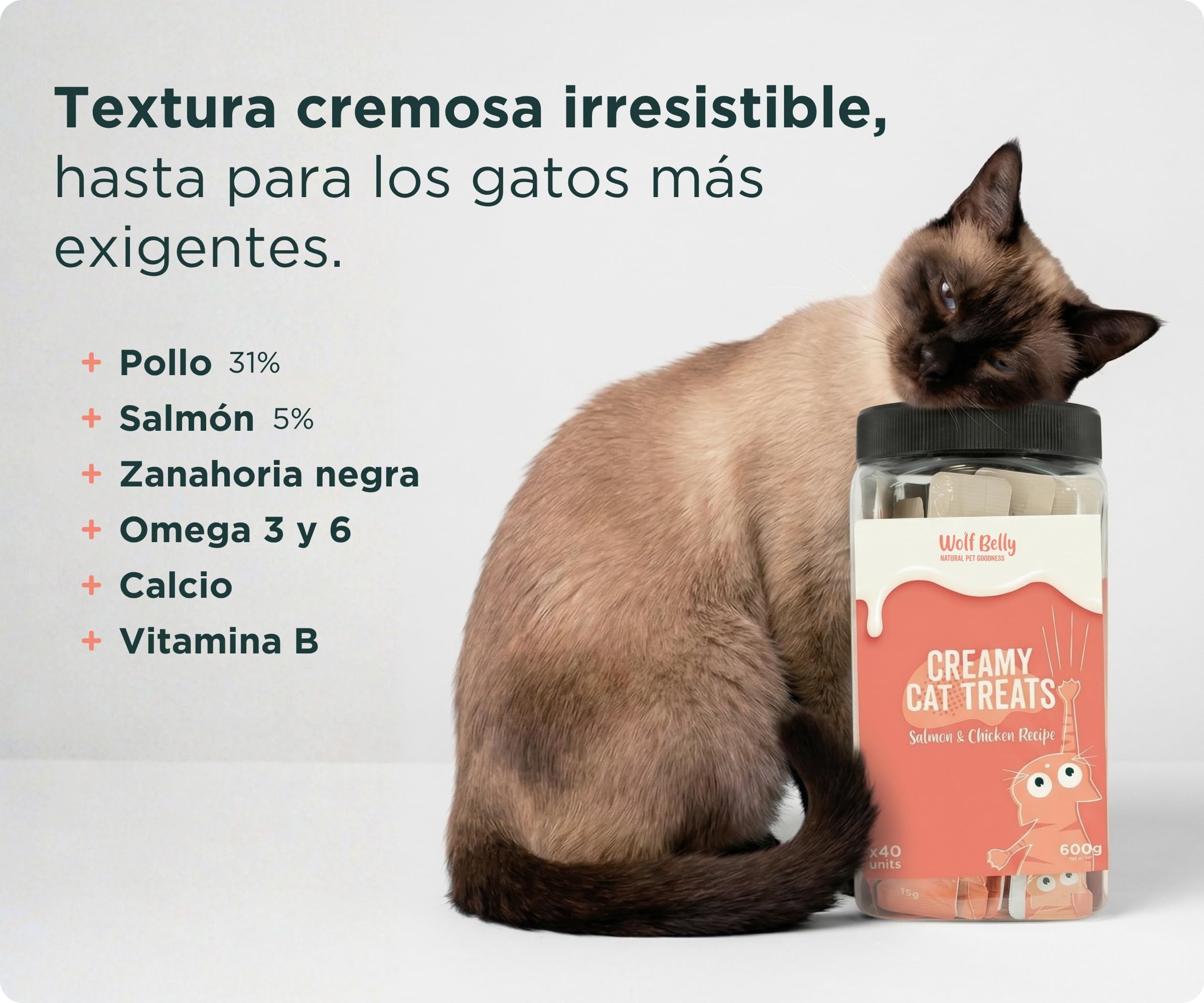 Wolf Belly - Snacks Gatos de Salmón y Pollo (40 uds x 15g) Textura Cremosa | Chuches Saludables y Deliciosas | Altos en Proteínas y Omega 3 | Sin Cereales ni Colorantes Artificiales - Hecho en España