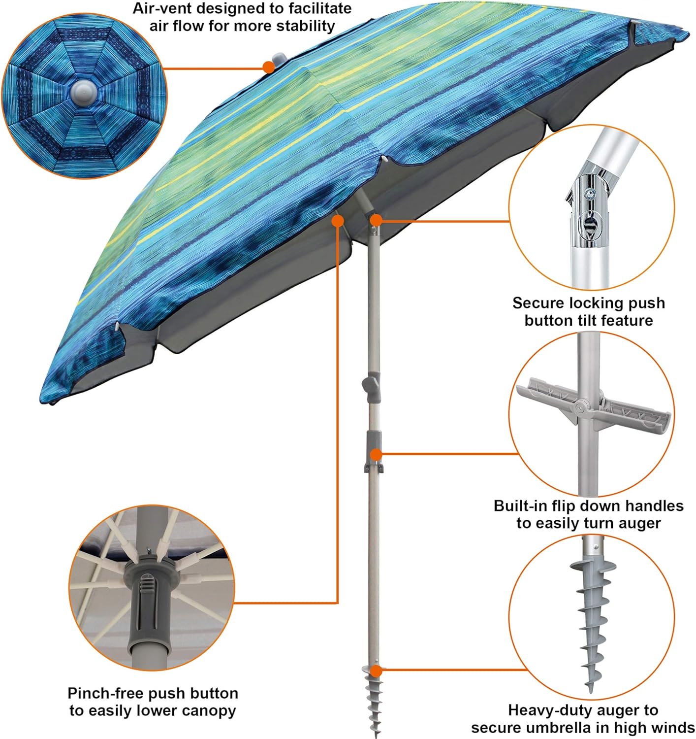 Blissun 7.2' Beach Umbrella with Sand Anchor, Outdoor Portable Beach Umbrella for Sand with Tilt Pole, Carry Bag, Air Vent